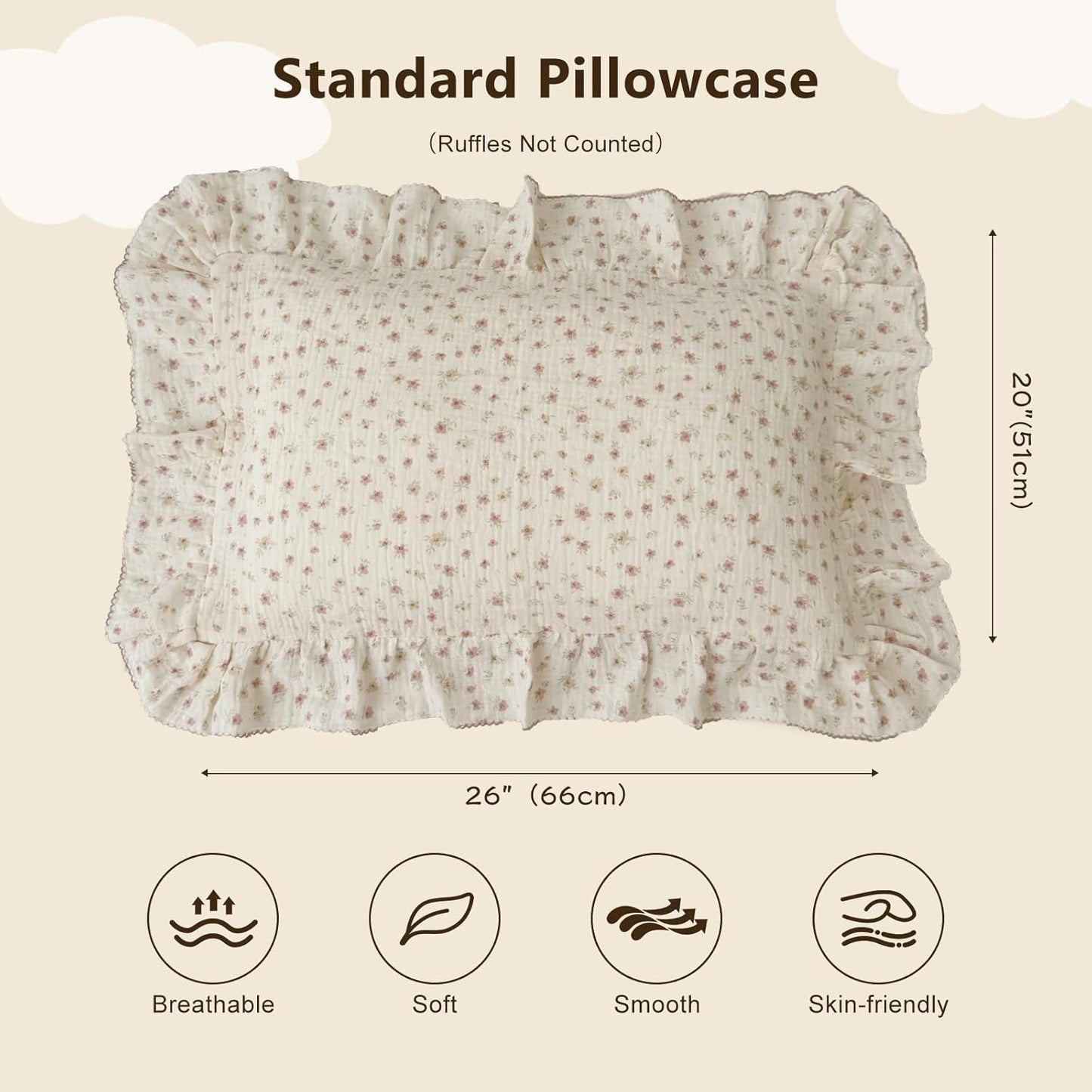 BuLuTu Soft Cotton Kids Pillowcases for Girls Boys, Pink Floral Toddler Pillowcases Standard Size, Cotton Muslin Pillow Protector for Children Bedding Gift, Envelope Closure, 20"x26", 1 pc