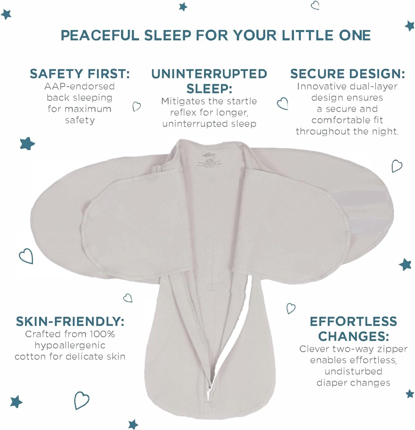 LullaBaby "Double Dream Swaddle: Exclusive Dual Wing Design, Pediatrician-Endorsed, Ultra-Soft Cotton, 0-2 Months, 6-14 lbs - White Sand