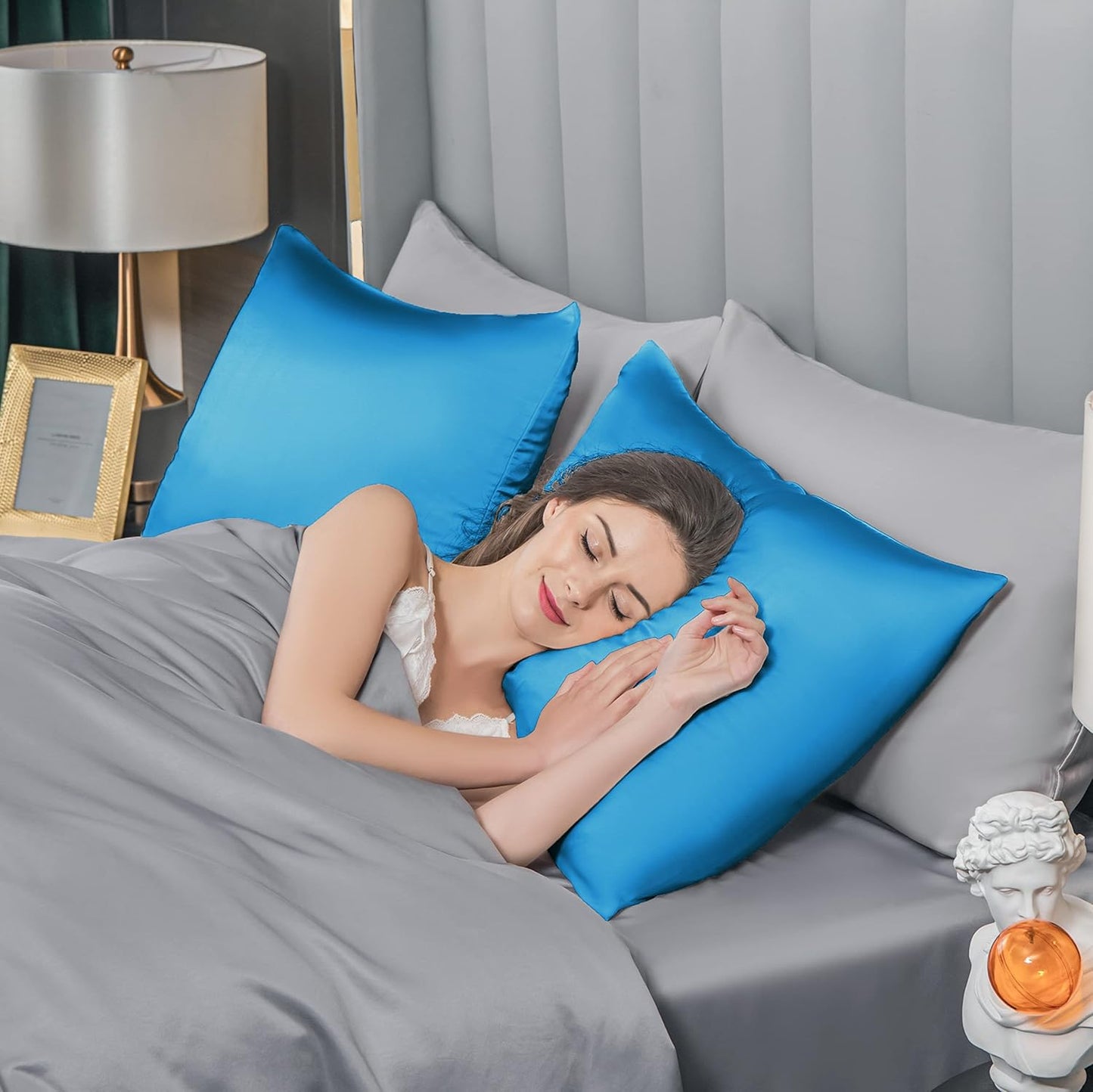 Mulberry Silk Pillowcase for Hair and Skin,Queen Size Cooling Silk Pillow Case with Hidden Zipper,Allergen Proof Dual Sides Soft Breathable Smooth Silk Pillow Cover for Women(Queen,Ice+ Blue)