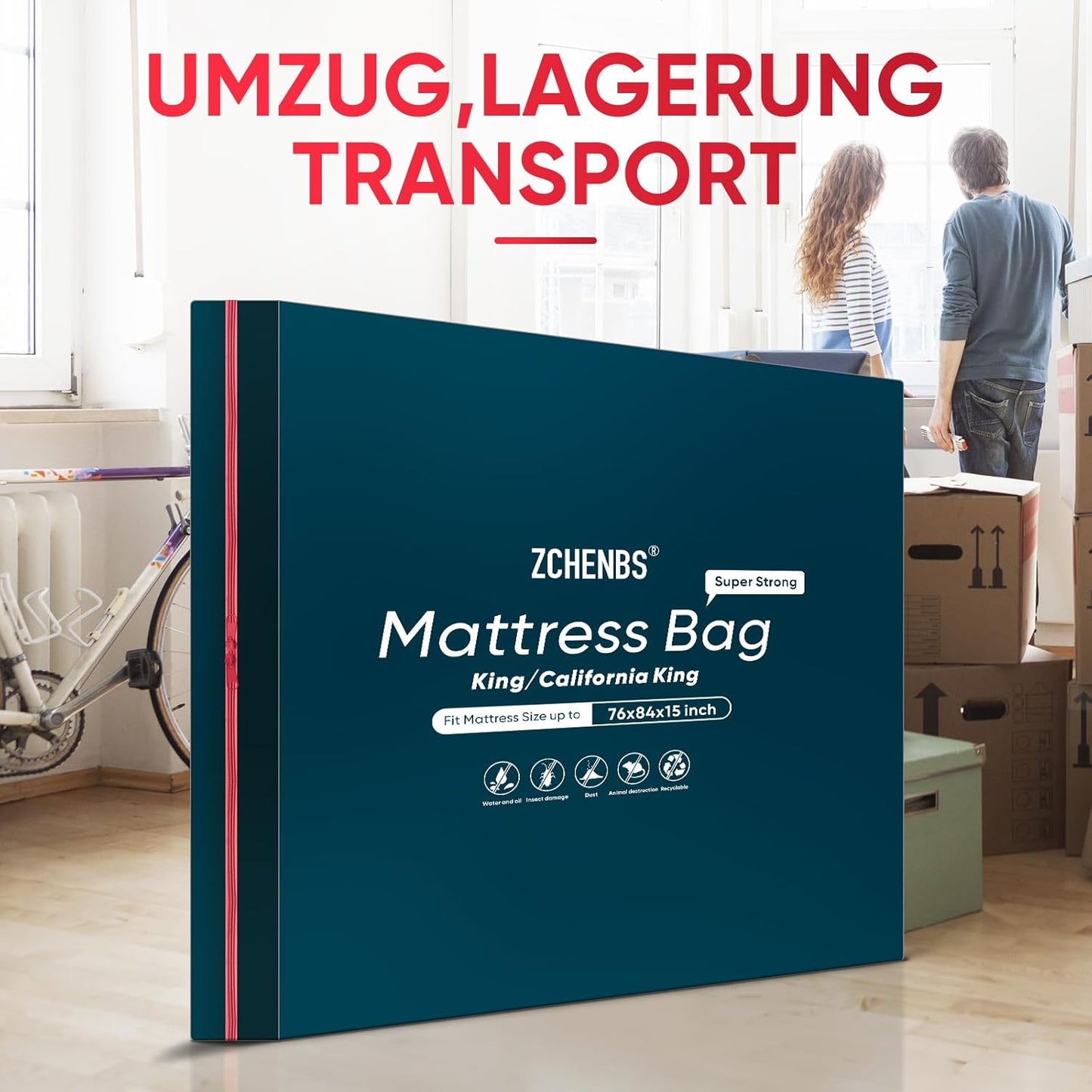 ZCHENBS® – Mattress Bags for Moving and Storage,Mattress Bag with Zippers,5 Mil Ultra-Thick Bed Bag,Waterproof,Anti-Tear,Heavy-Duty Mattress bag (Black, King/California King-(1 Pack))