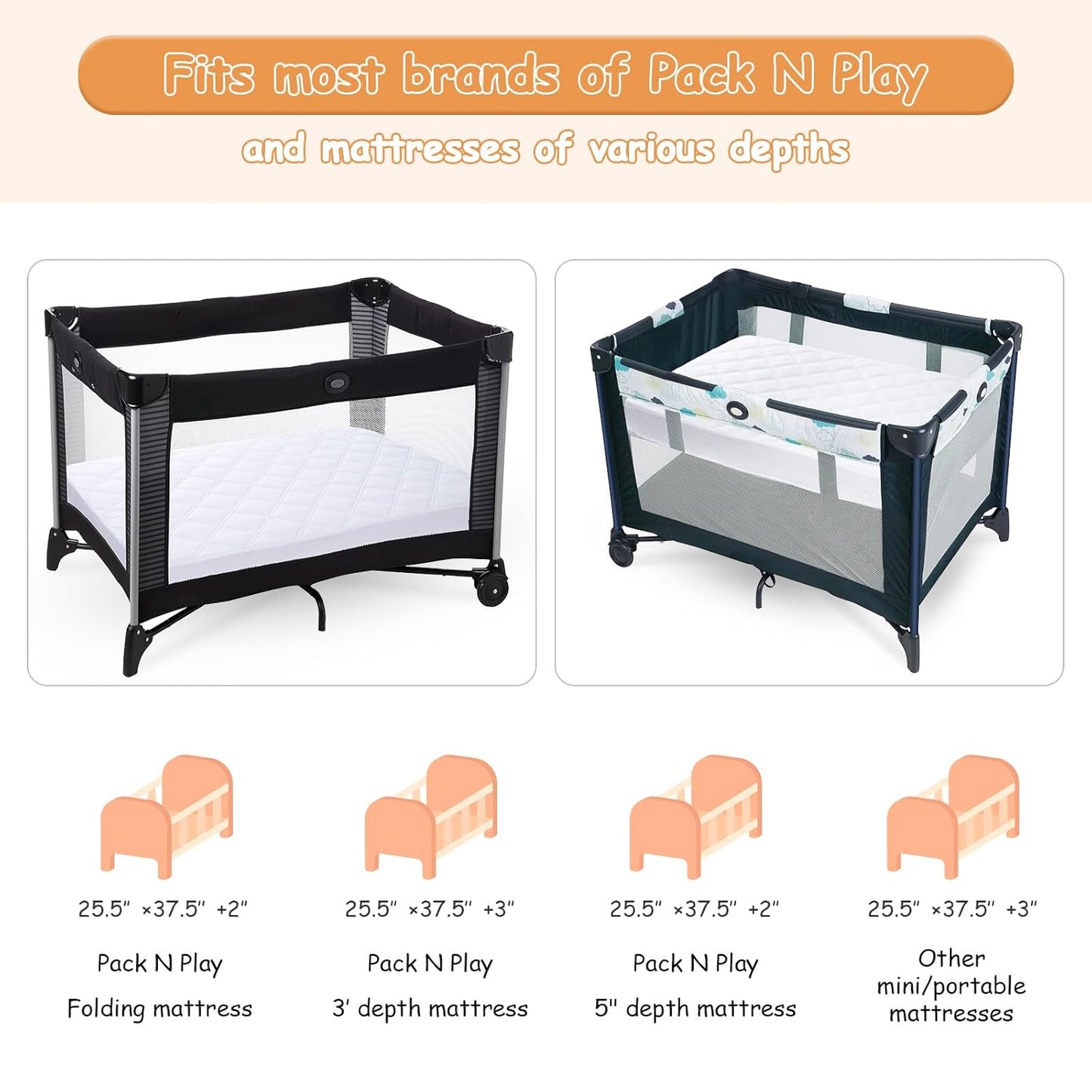 Yoofoss Waterproof Pack and Play Mattress Protector 2 Pack, Quilted Pack and Play Mattress Pad Cover Ultra Soft and Breathable, Playpen/Playard Mattress Sheet for Standard Pack n Play Size 39''x27''