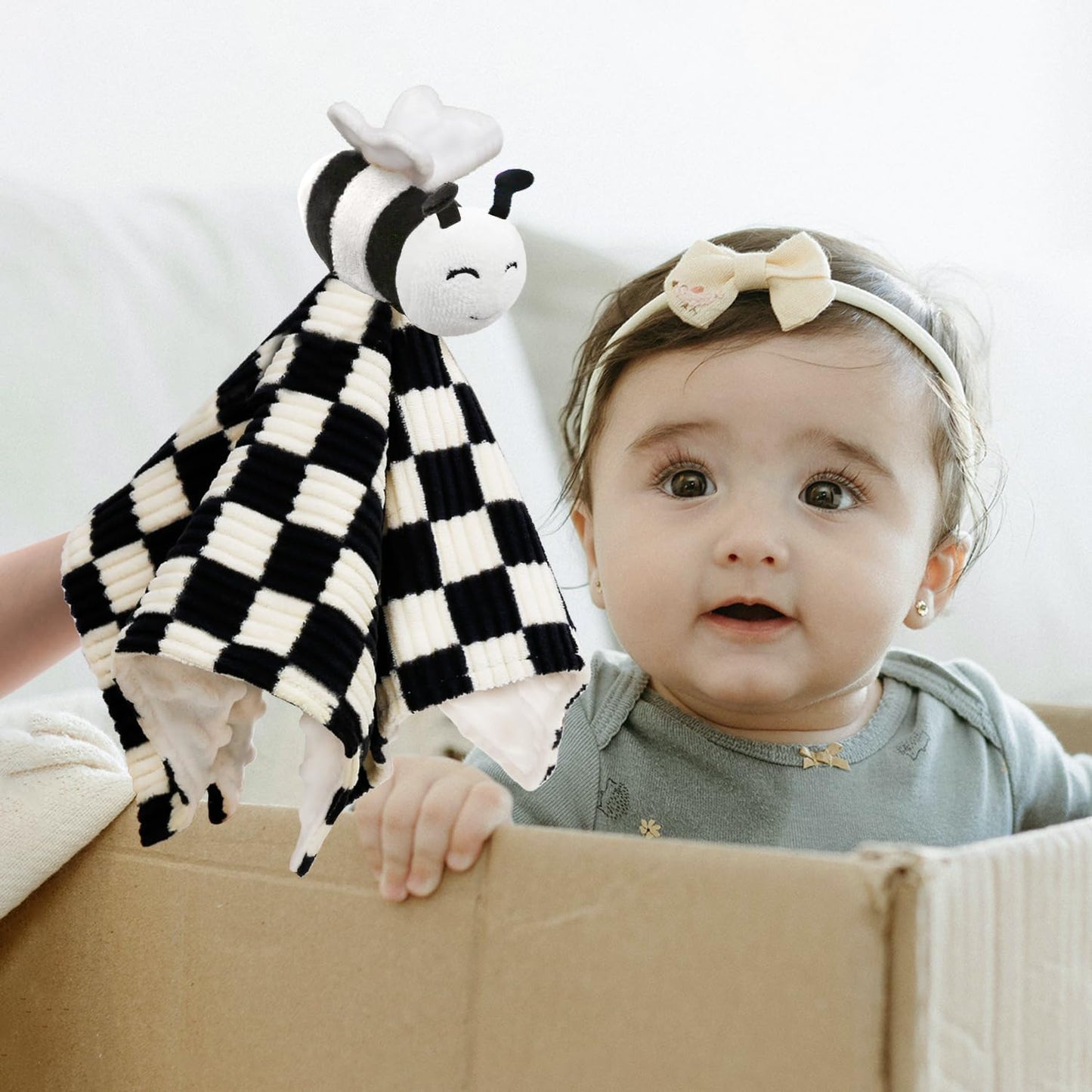 High Contrast Baby Security Blanket for Boys Girls 3D Soft Checkerboard Gingham with Minky Dot Fabric Backing Bee Snuggle Stuffed Animal Lovely Black 14 Inch