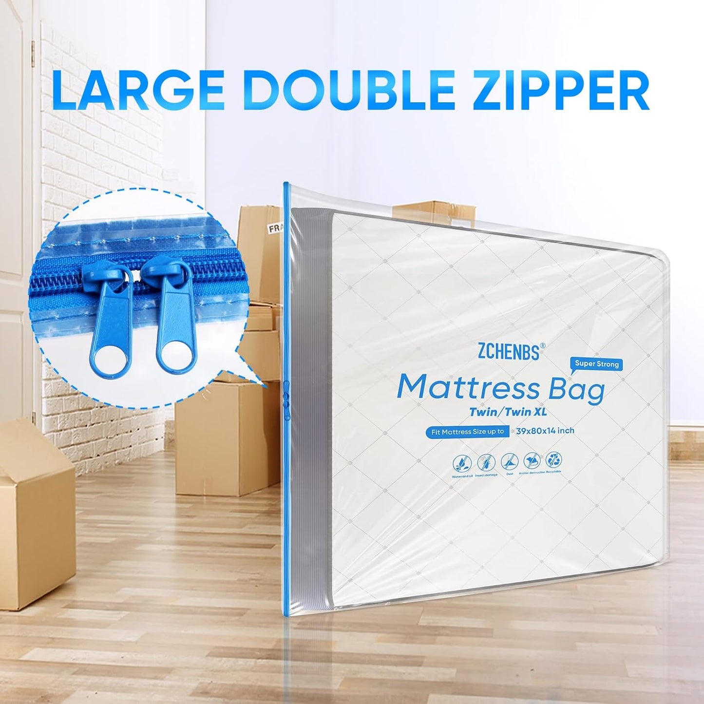 ZCHENBS® – Mattress Bags for Moving and Storage,Mattress Bag with Zippers,5 Mil Ultra-Thick Bed Bag,Waterproof,Anti-Tear,Heavy-Duty Mattress bag (Transaparent/Blue, Twin/Twin XL-(1 Pack))
