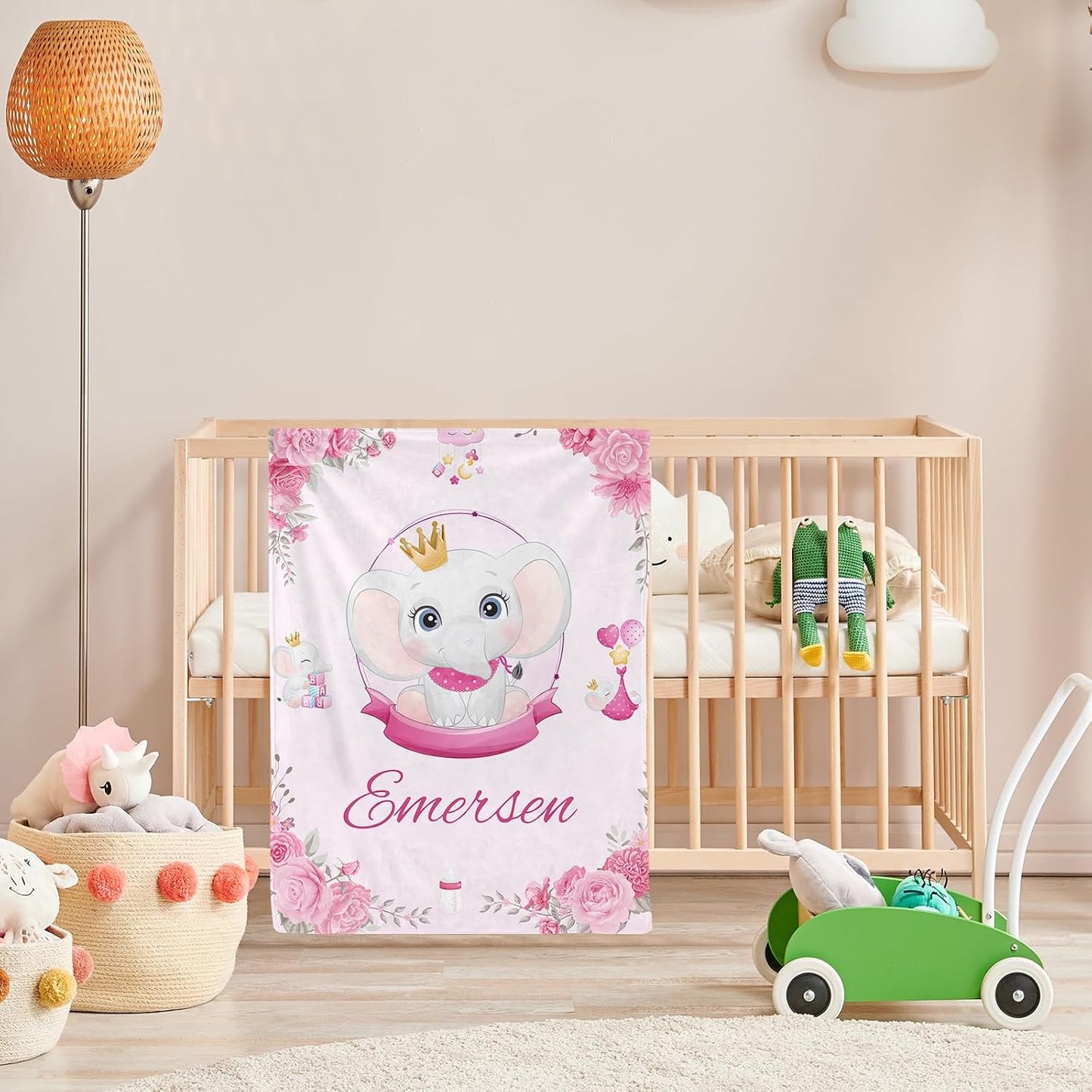 Personalized Baby Blanket with Name, Custom Pink Elephant Name Blanket Toddler Girls Soft Flannne Swaddling Blankets Customized Memorial Gift from Nana for Infant Newborn Shower