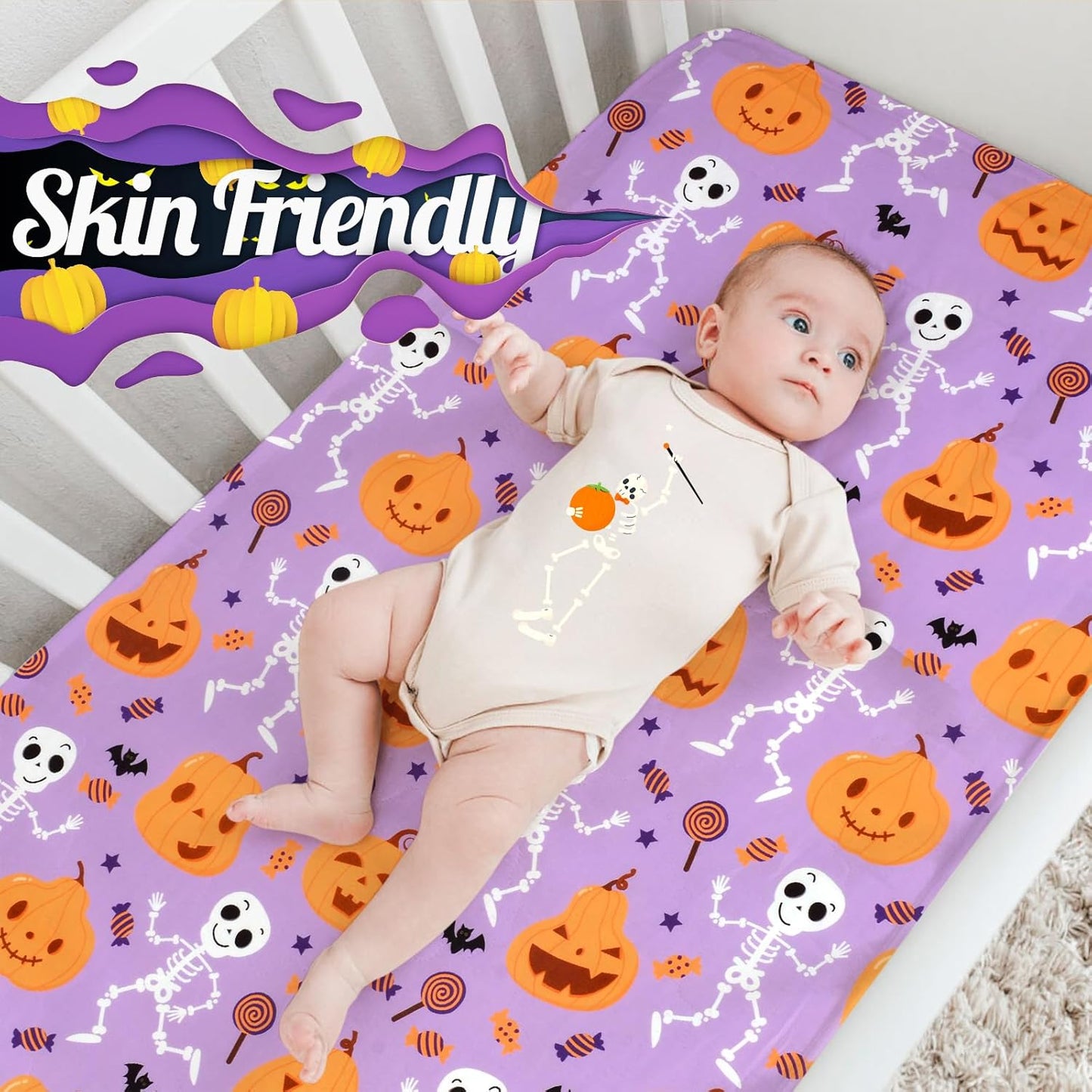 UOMNY Halloween Pumpkin Crib Sheet for Boys Girls Halloween Fitted Crib Sheets for Standard Crib 52 X 28 Inch Toddler Crib Mattresses Sheet