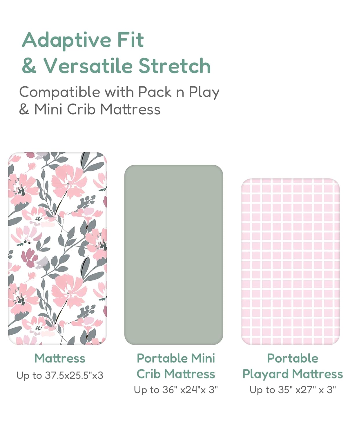 Pack and Play Sheets Fitted, Soft and Breathable Flower&Pink Checkered, Neutral Pack N Play Mattress Sheets, Hypoallergenic, Cozy and Safe, 2 Pack