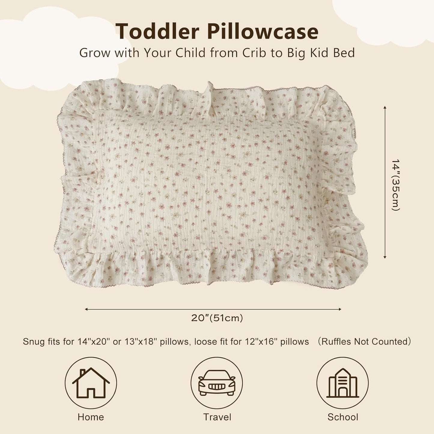 BuLuTu 2-Layer Cotton Muslin Toddler Pillowcases for Girls Boys Floral Pillow Cover Decorative Pillow Cases Gauze Cotton Small Pillow Protector for Crib, Envelope Closure, 14"x20",1 pc