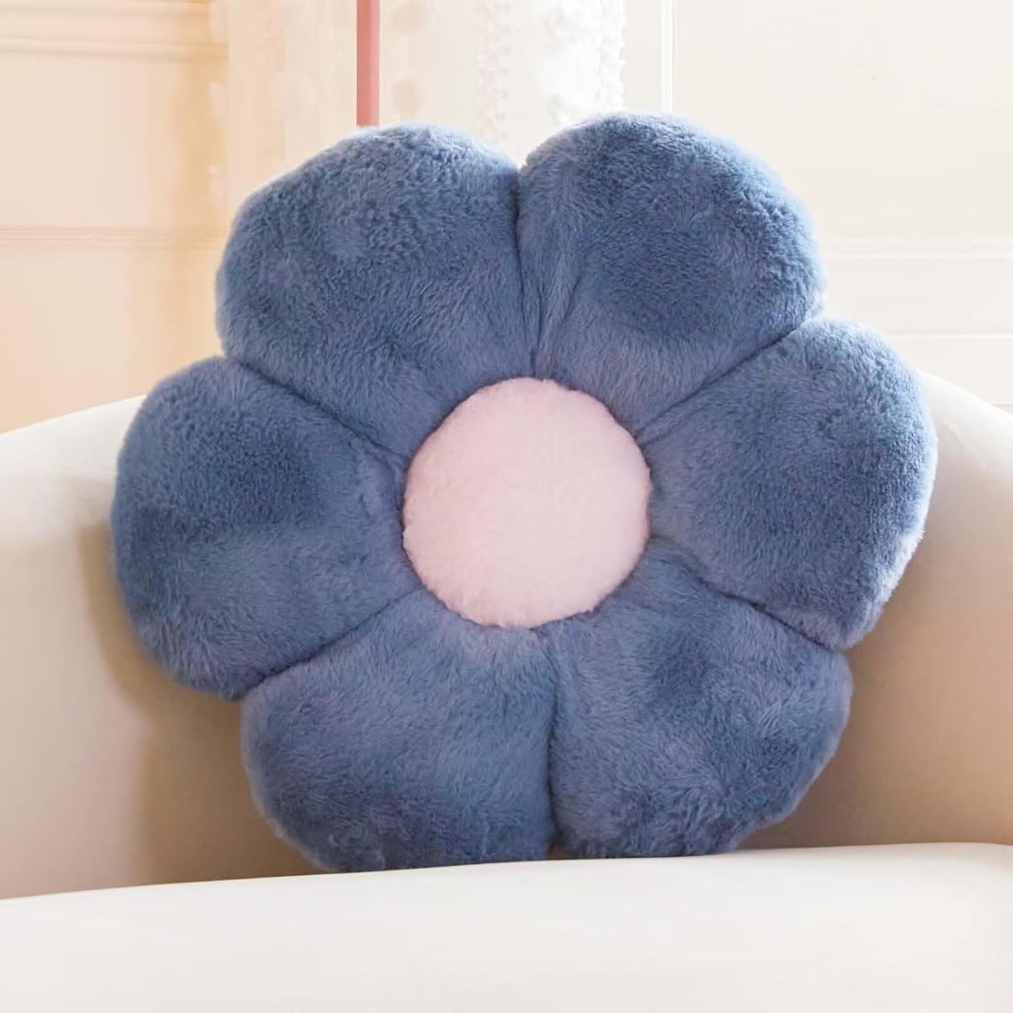 Dusty Blue Flower Shaped Throw Pillow With Faux Rabbit Fur, 19.6" Soft Plush Floor Pillow, Cute Decorative Room Decor for Bedroom Living Room