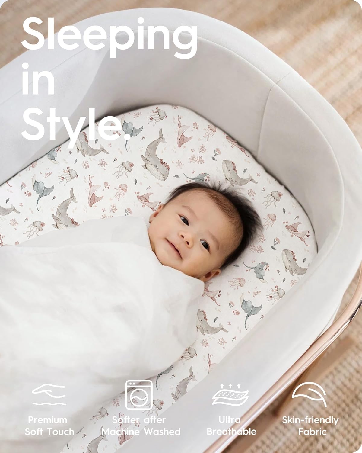 Bassinet Sheets for Baby Girl, TotBasic Silky Soft Universal Bassinet Fitted Sheet, Compatible with Halo, Mika Micky, Baby Delight, Dream On Me, Maxi COSI and More Bassinet Mattress(Pink Safari)