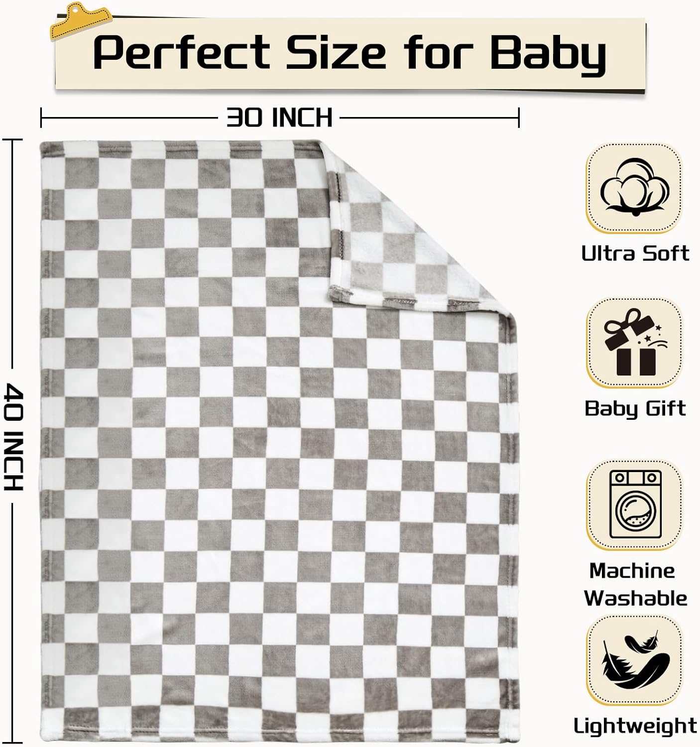 Yurhap Checkered Baby Blanket Fleece Baby Blankets Neutral for Boys Girls, Super Soft Warm Lightweight Infant Toddler Newborn Receiving Gifts for Crib Stroller, 30x40 Inch, Greige