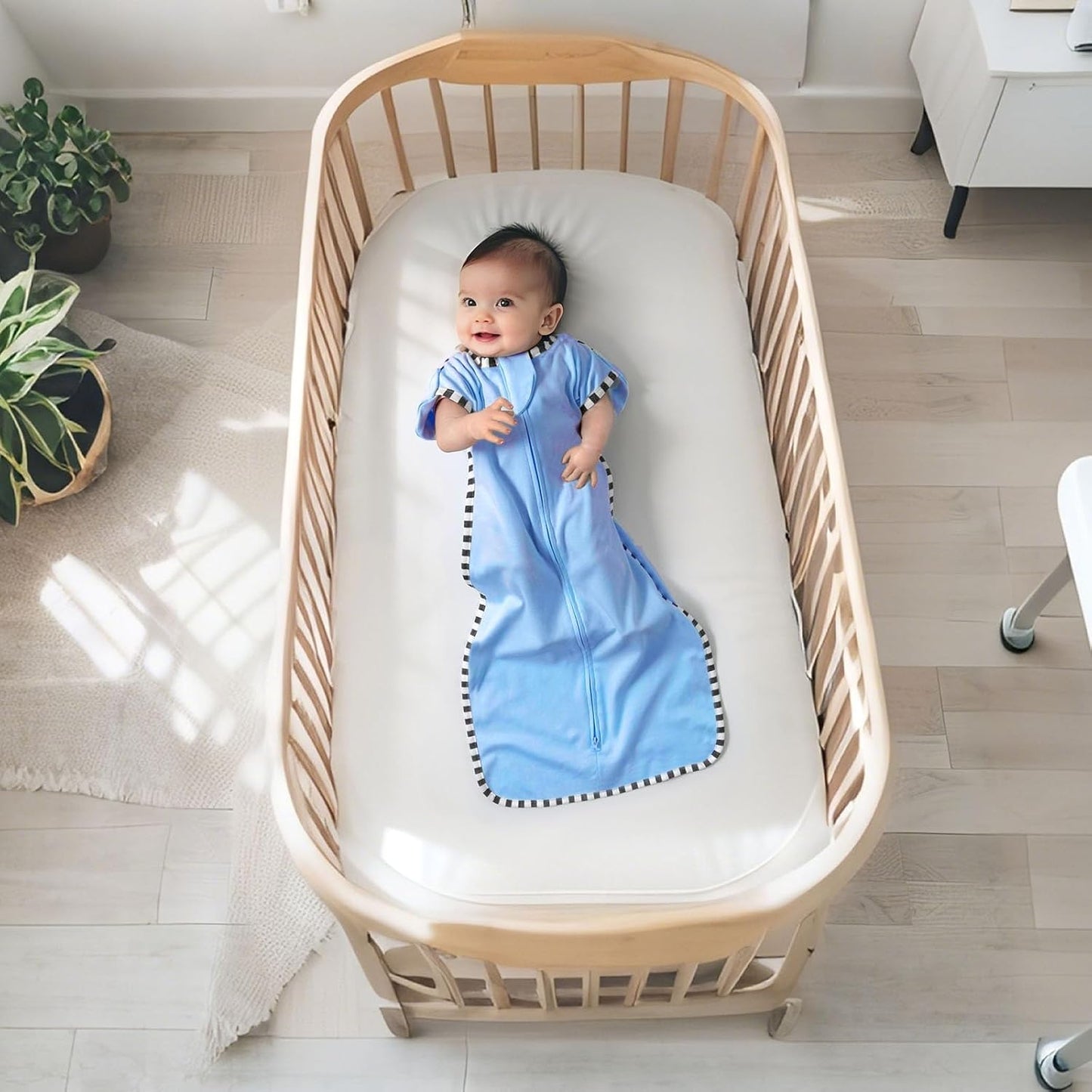 Transition Swaddle, 2 Pack 100% Cotton Baby Sleep Sack, 2-Way Zipper Infant Arm Up Swaddle for Newborn Baby Boys Girls (Khaki + Sky Blue, S(0-3 Months))