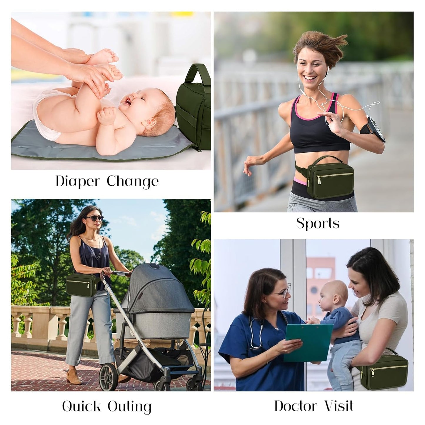 printe Small Diaper Bag with Portable Changing Pad, Crossbody Diaper Bag Pack with Wipes Pocket, Women Waist Bag for Travel (Olive Green, Large)