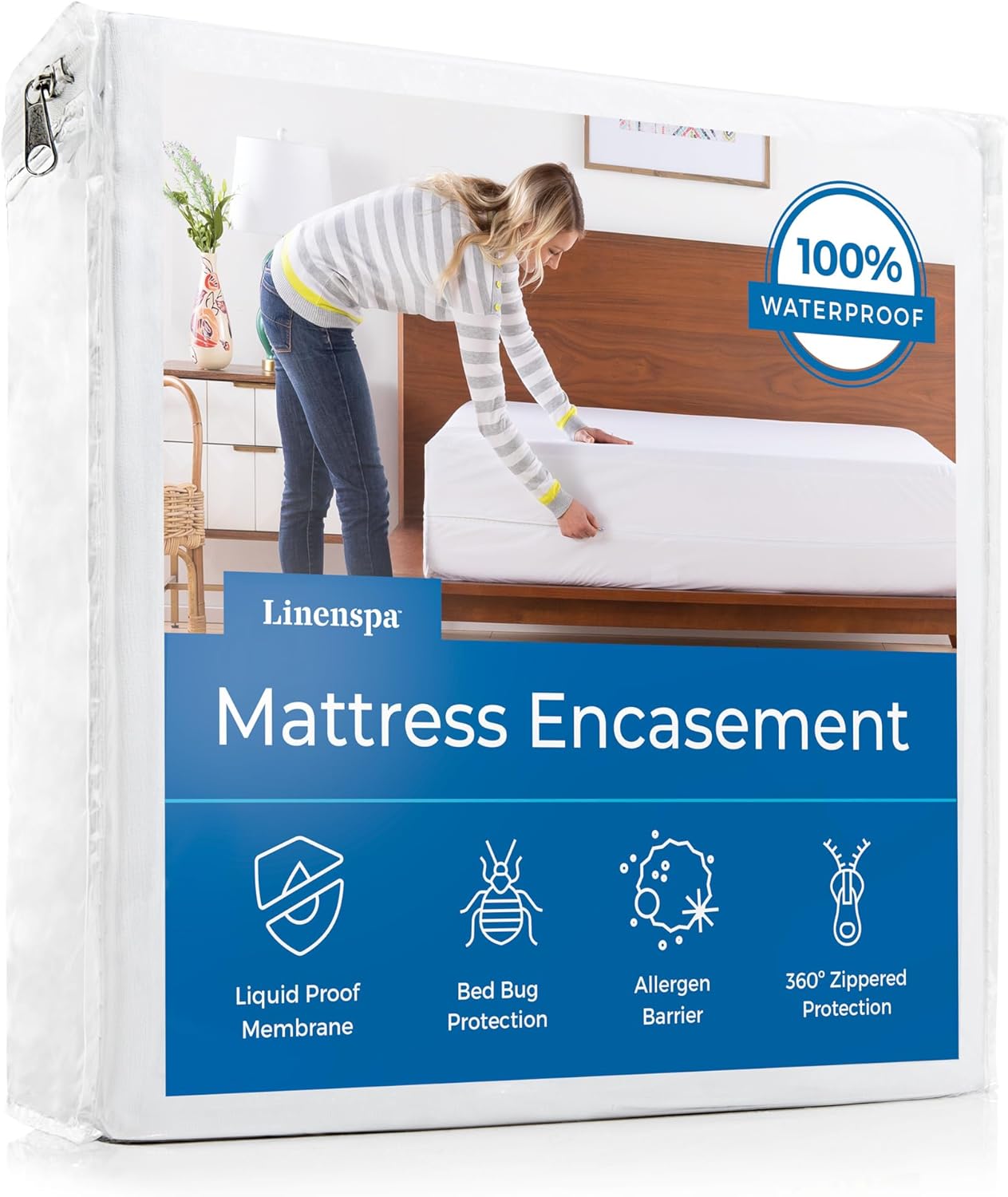 Linenspa Zippered Mattress Encasement – King Size Waterproof Mattress Protector – Quiet Cover & Complete protection – Dorm Room Essentials, White