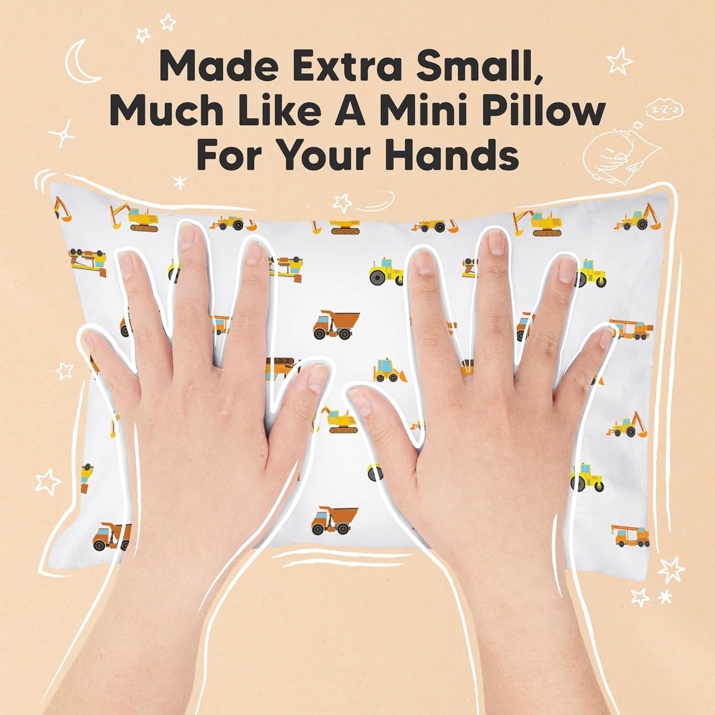 Mini Toddler Pillow with Pillowcase - 9x13 My Little Dreamy Travel Kids Pillow for Sleeping, Toddler Bed, Small, Tiny, Organic Cotton Pillowcase, Soft & Breathable, Kids 2-4 Years Old (Construction)