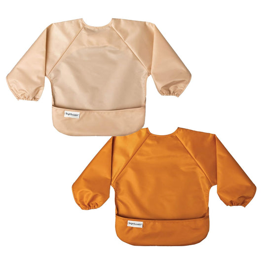 Tiny Twinkle Mess Proof Baby Bibs, 2pk Waterproof Smock Baby Bibs for Eating, Machine Washable Long Sleeve Bibs, Baby Led Weaning, Toddler Bibs, BLW Supplies (Sand Cinnamon, Small 6-24 Months)