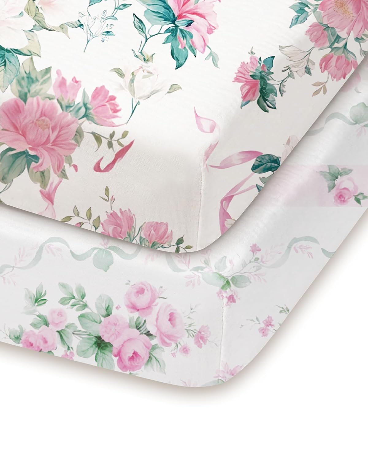 Pack and Play Sheets Fitted, Pink Roses Pattern, Breathable and Safe, Hypoallergenic, 2 Pack for Baby Girls