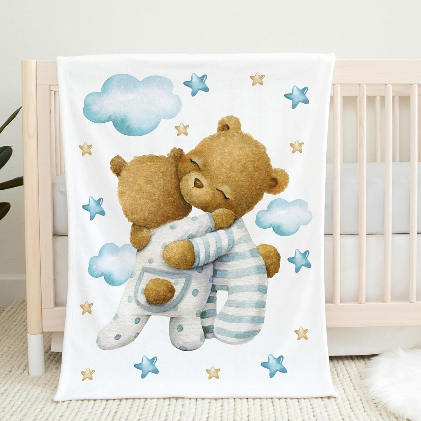 UNIQUE Little Bear Ultra Soft Fleece Baby Blanket 30x40in, Hugging Bears Baby Blanket, Boy