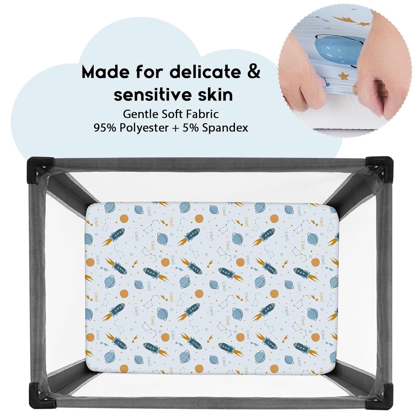 Yoofoss Pack and Play Sheets Fitted, Mini Crib Sheets 2-Pack for Pack N Play Mattress, Stretchy Playard Sheet, Soft and Breathable Blue Rocket