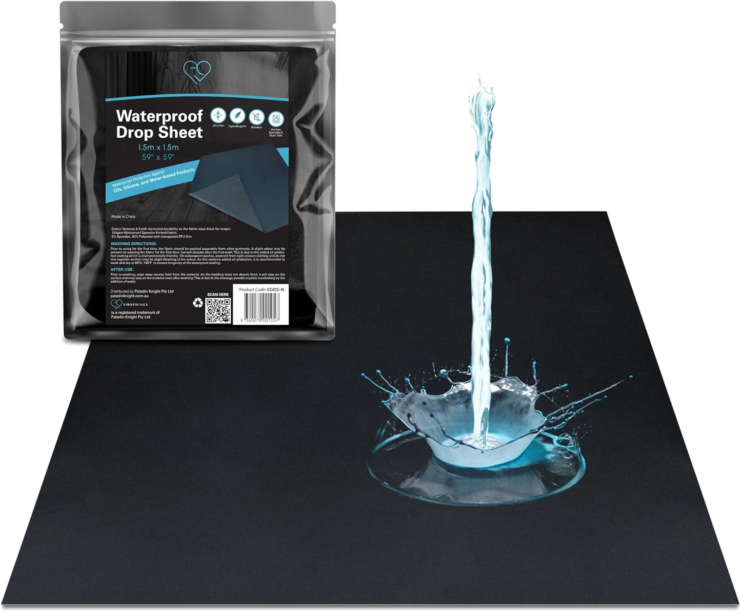 Black Waterproof Flat Drop Sheet (59”x59”), Mattress Topper, Protector Cover, Safe with Oil, Water-Based, & Silicone-Based Massage Products, Hypoallergenic, Noiseless, Machine Washable