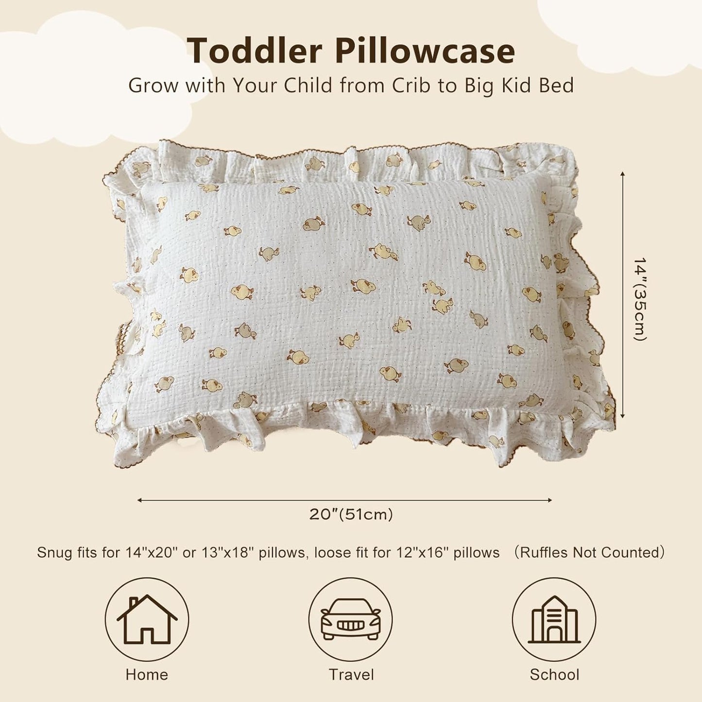 BuLuTu Cute Toddler Pillow Cases Cotton Muslin Toddler Pillowcase 1 PC, Ultra Soft Small Pillowcase Fits Toddler Pillow Sized 12"x16"/13"x18"/14"x19", Enveloped Closure Kids Girls Boys Pillowcases