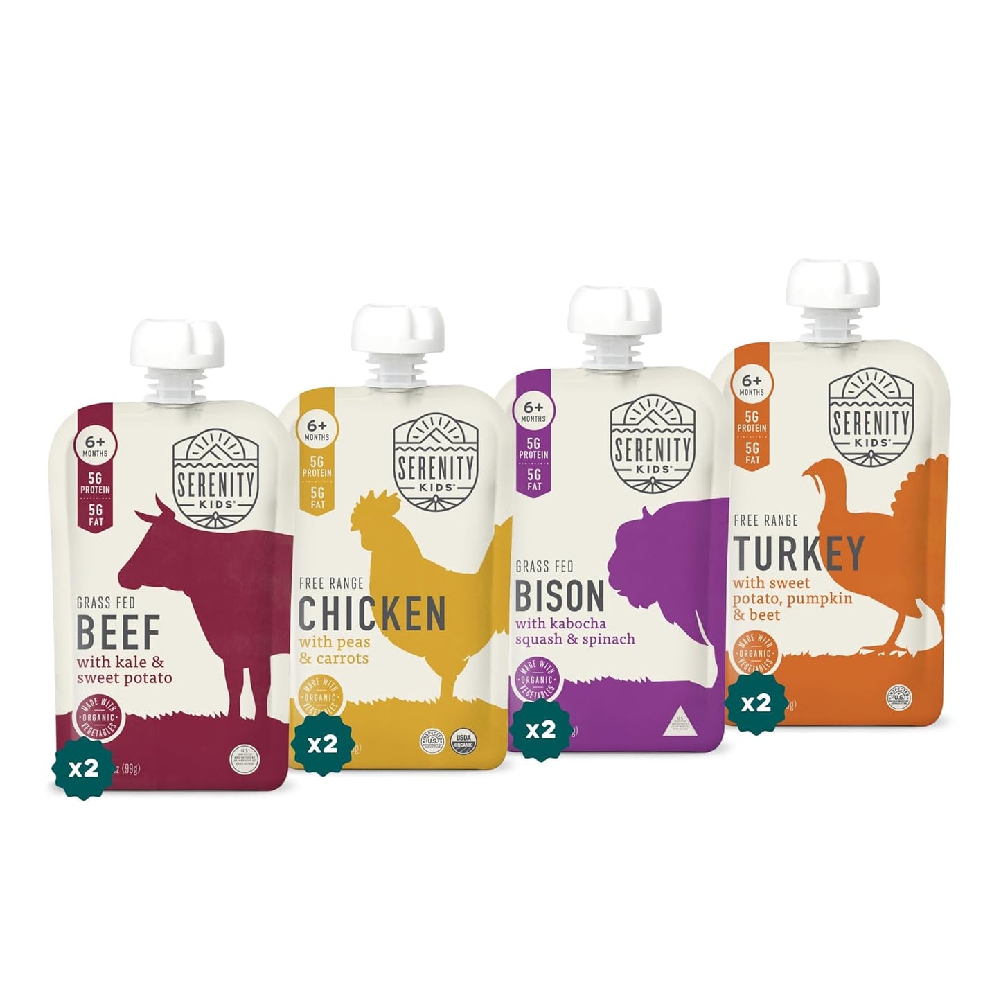 Serenity Kids 6+ Months Baby Food Pouches - Ethically Sourced Meat & Organic Veggies - High Protein Savory Baby Puree Pouches for Baby Snacks - 3.5 Oz, 8 Pack