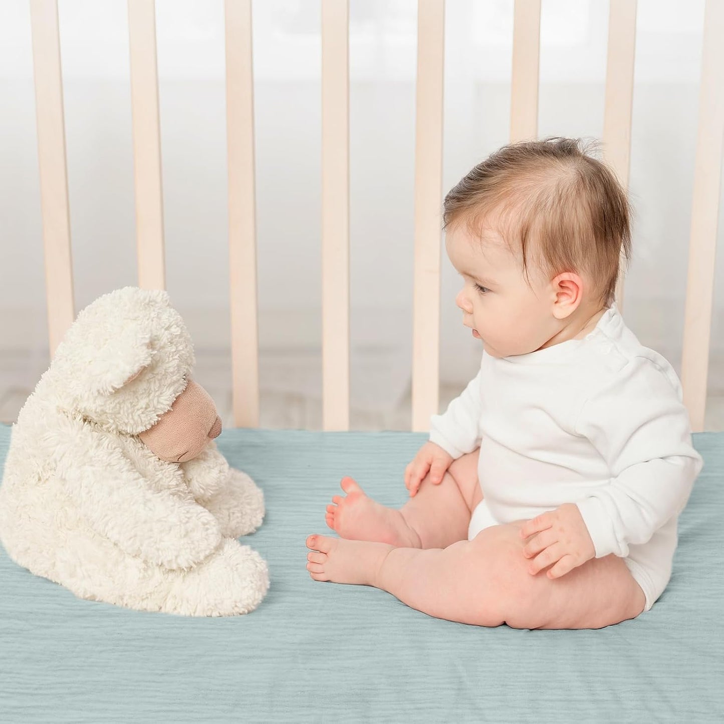 Gllquen Baby Muslin Mini Crib Sheets 3 Pack, Breathable Pack and Play Sheets Fitted Soft Cozy Cotton Pack N Play Sheets for Baby Boy Girls, Universal Fitted Mini Crib Mattresses 38"x26" (Blue)