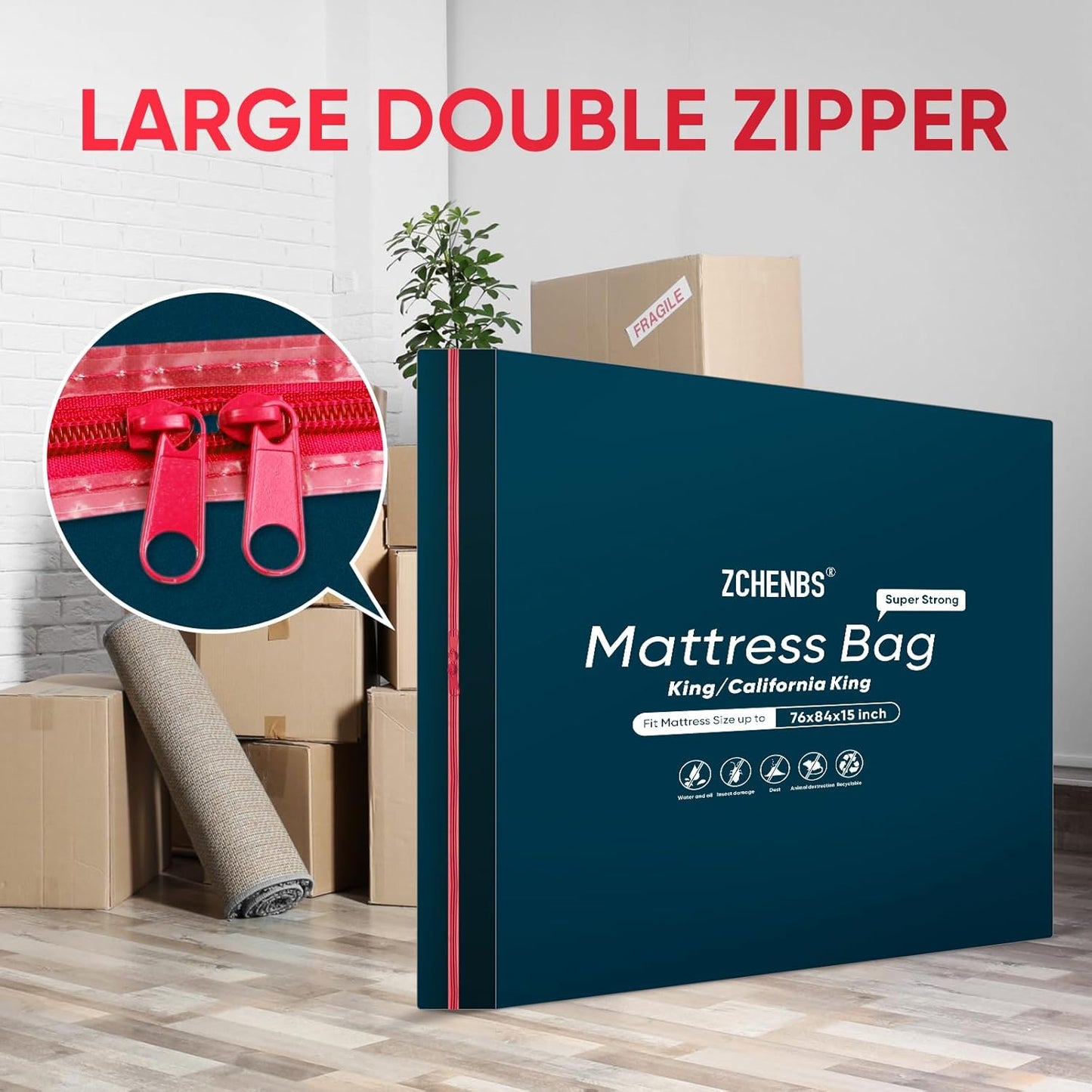 ZCHENBS® – Mattress Bags for Moving and Storage,Mattress Bag with Zippers,5 Mil Ultra-Thick Bed Bag,Waterproof,Anti-Tear,Heavy-Duty Mattress bag (Black, King/California King-(2 Pack))