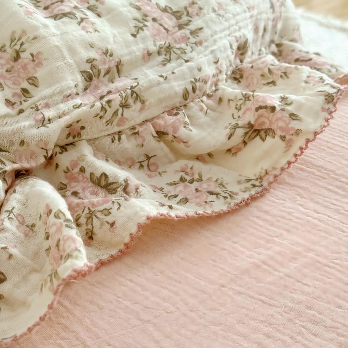 BuLuTu Cotton Muslin King Pillow Case, Chic Shabby Pink Floral Print Pillowcase for Teens Adults Children, French Country Ruffled Edges Pillow Cases,20x36 inch, 1 Piece, Pink Peony