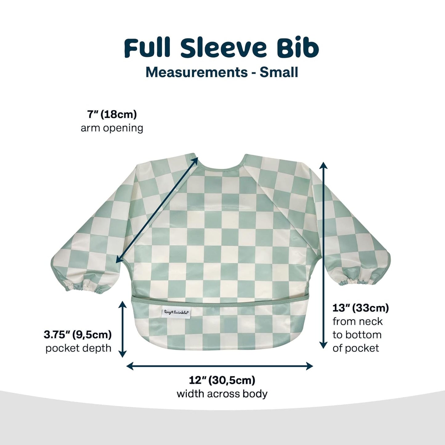 Tiny Twinkle Mess Proof Baby Bib,Waterproof Smock Baby Bib for Eating,Machine Washable Long Sleeve Bib,Baby Led Weaning,Toddler Bib,BLW Supplies(Checkers Sage, Small 6-24 Months)