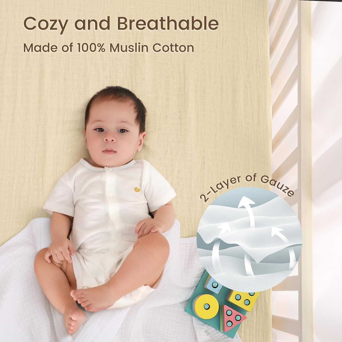 david's kids Muslin Mini Crib Sheets, 2 Pack Cotton Pack N Play Sheets for Boys Girls Neutral, Soft Breathable Baby Sheets Fit Pack N Play, Playard and Mini Crib Mattresses, Beige & Green