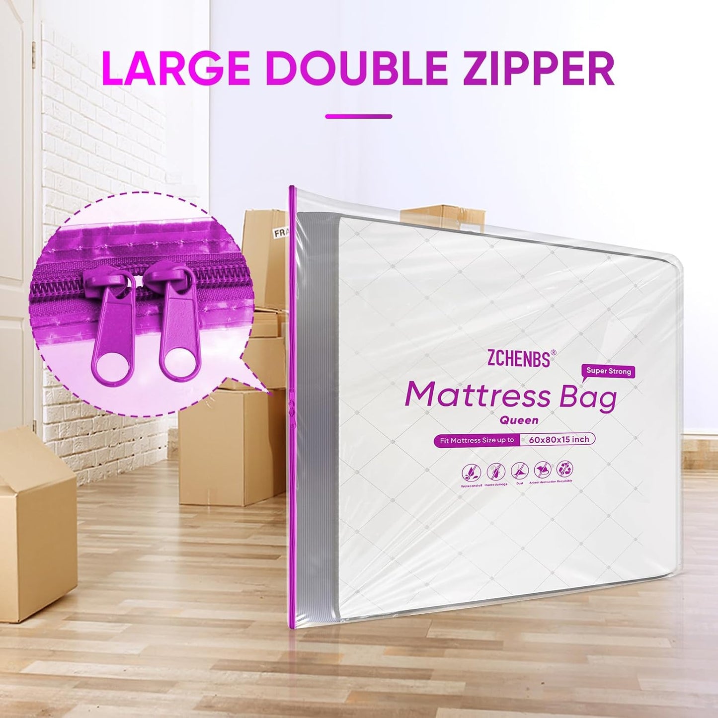 ZCHENBS® – Mattress Bags for Moving and Storage,Mattress Bag with Zippers,5 Mil Ultra-Thick Bed Bag,Waterproof,Anti-Tear,Heavy-Duty Mattress bag (Tansparent/Purple, Queen-(2 Pack))