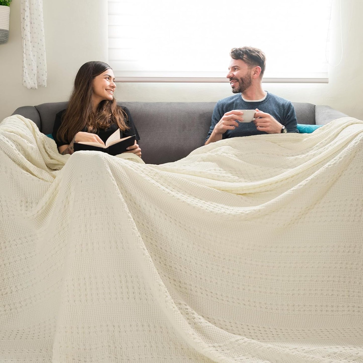 PHF 100% Cotton Waffle Blanket Oversized King 120"x120", Lightweight Breathable Extra Large 10'x10' Summer Blankets for Bed, Giant Big Luxury Aesthetic Woven Bedding for Home Decor, Cannoli Cream