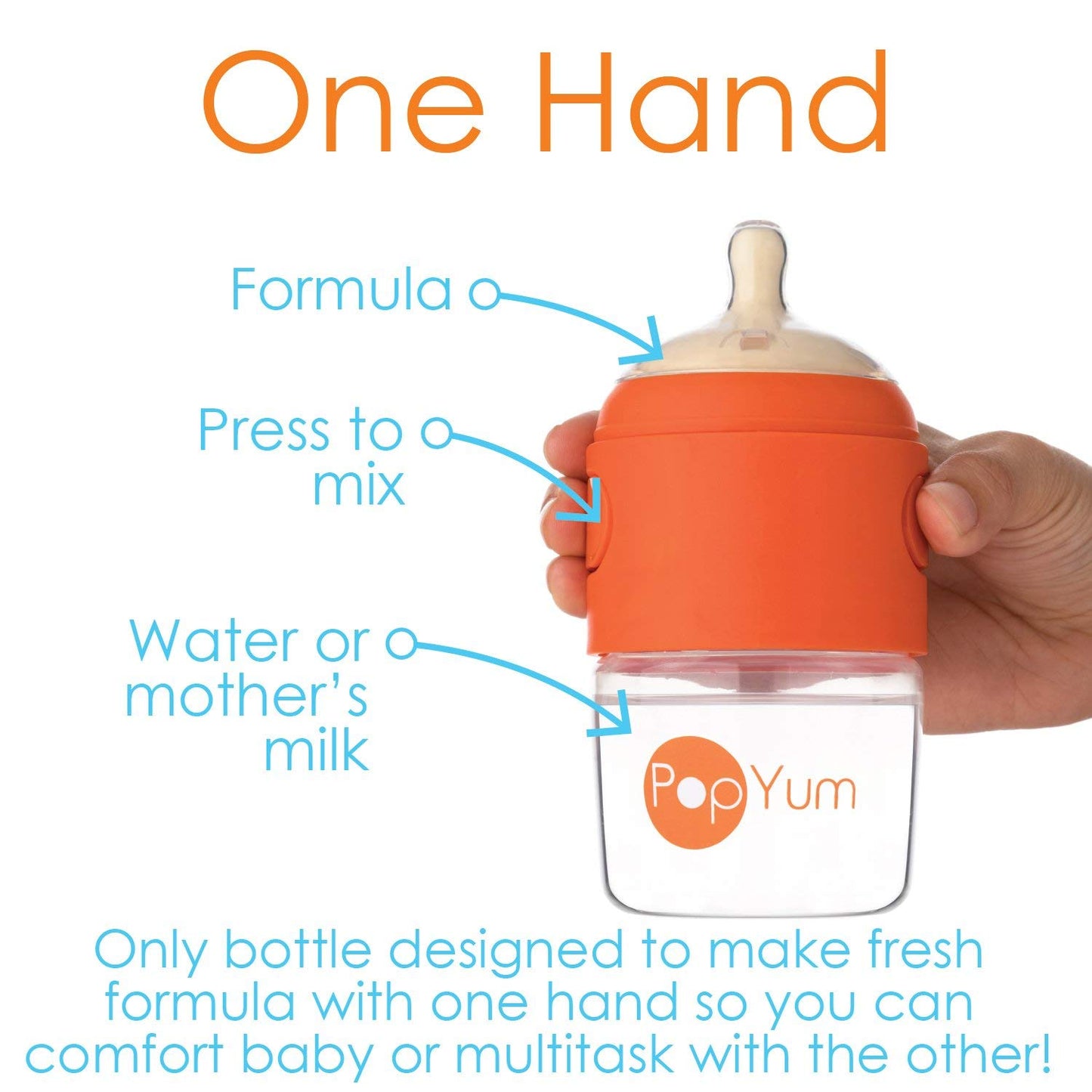 PopYum 5 oz Orange Anti-Colic Formula Making/Mixing/Dispenser Baby Bottle with #1 Slow Flow Nipple, 150 ml, BPA-Free, Natural Latch