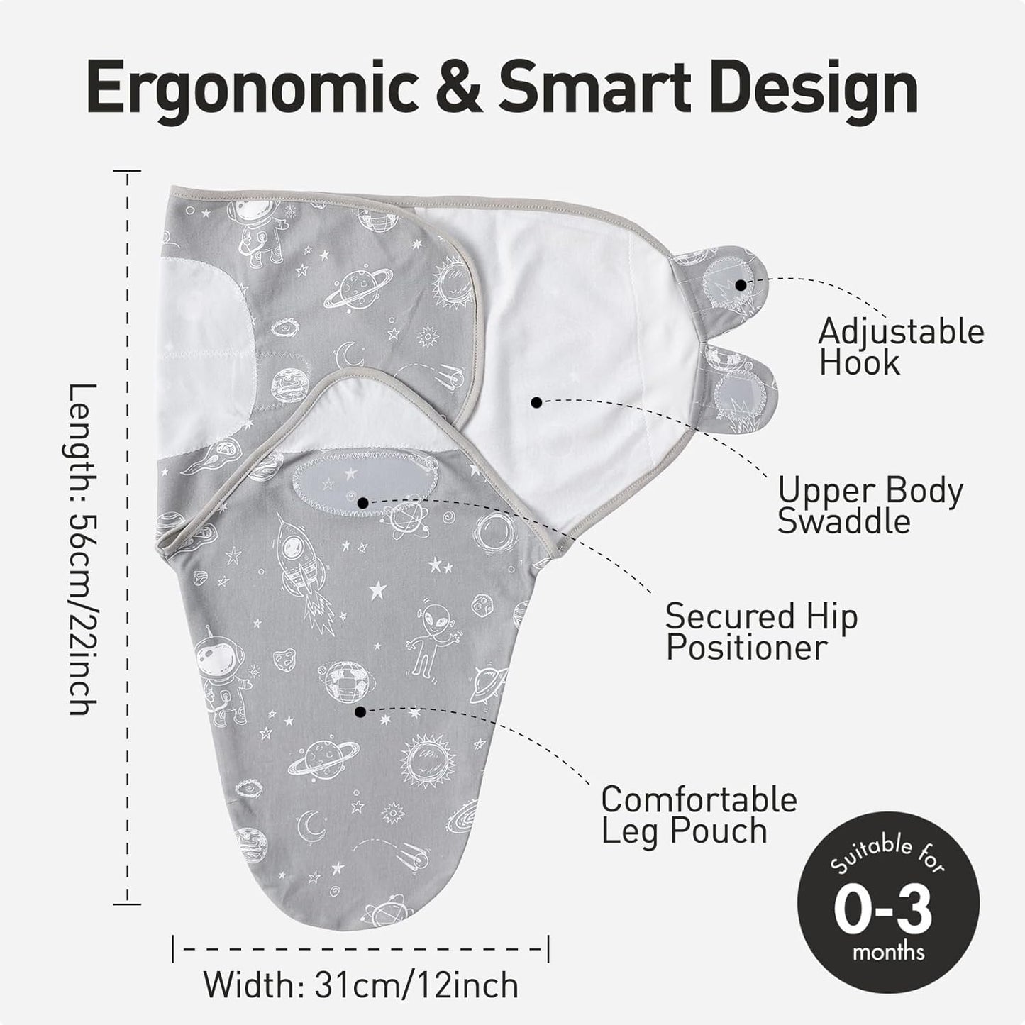 GLLQUEN BABY Organic Newborn Swaddles Sleep Sack, Swaddle Blankets for Baby Boy, 3 Pack Adjustable Wrap Set, Gray Starry Sky & Astronaut, 0-3 Months (Small/Medium)