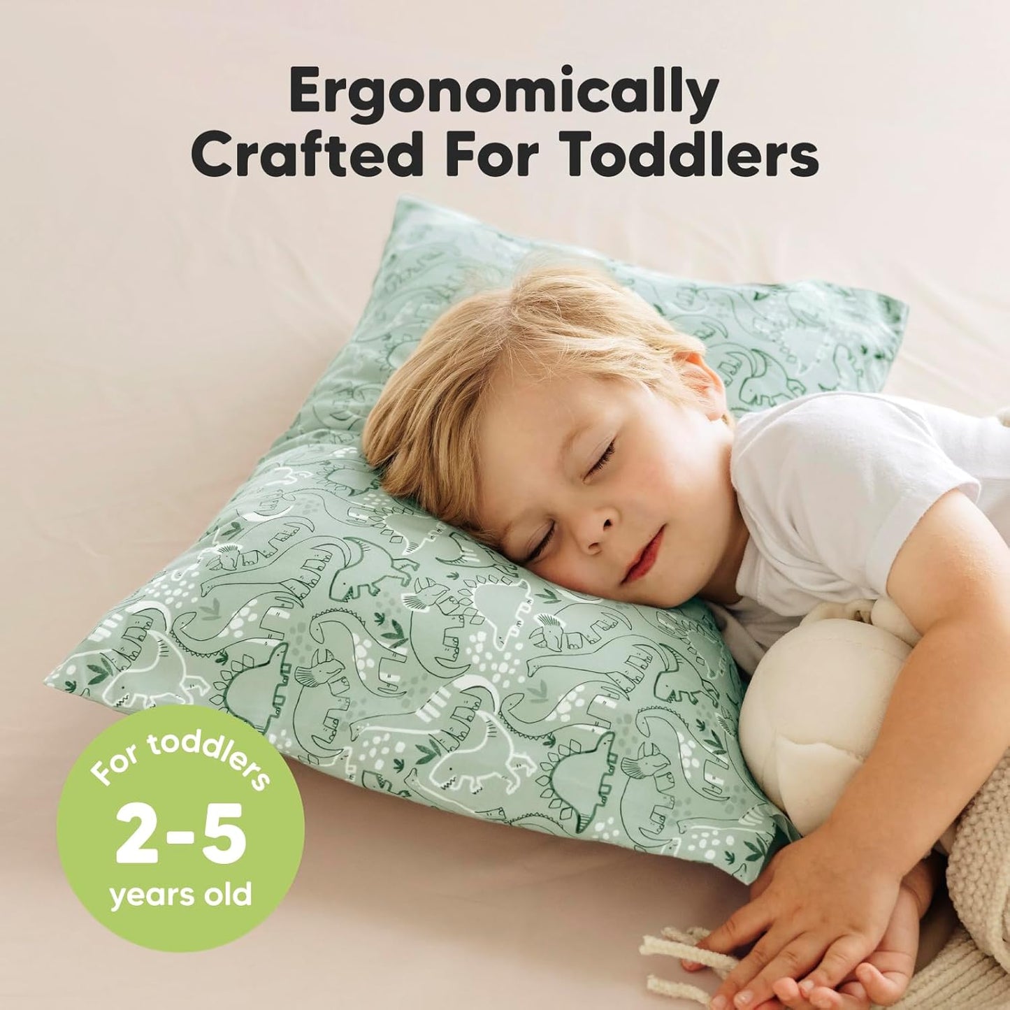 KeaBabies Toddler Pillow with Pillowcase, Jumbo 14X20 - Soft Organic Cotton Toddler Pillows for Sleeping - Machine Washable - Perfect for Travel, Toddler Bed Set (DinoDood)