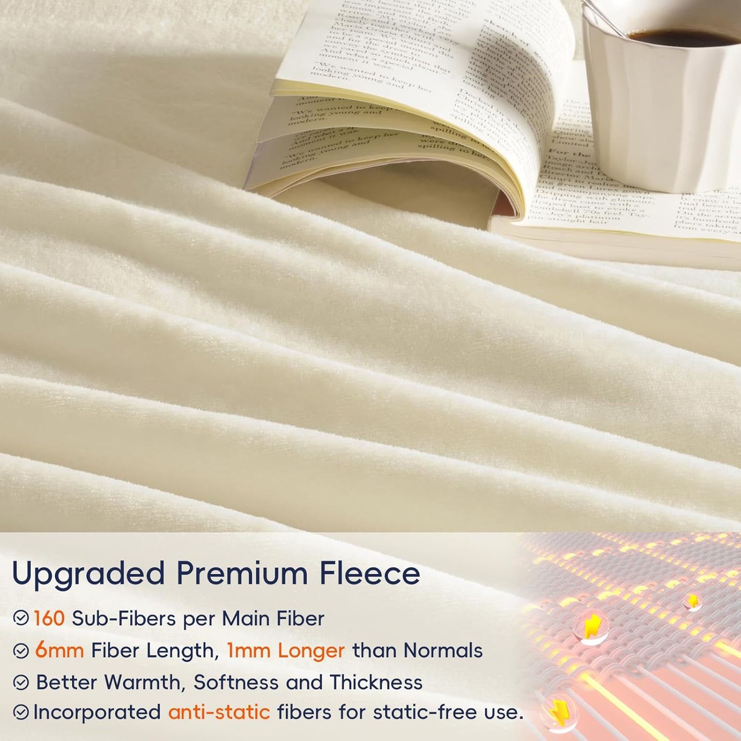 PHF Ultra Soft Fleece Blanket Queen Size, No Shed No Pilling Luxury Plush Cozy 300GSM Lightweight Blanket for Bed, Couch, Chair, Sofa Suitable for All Season, 90" x 90", Cream