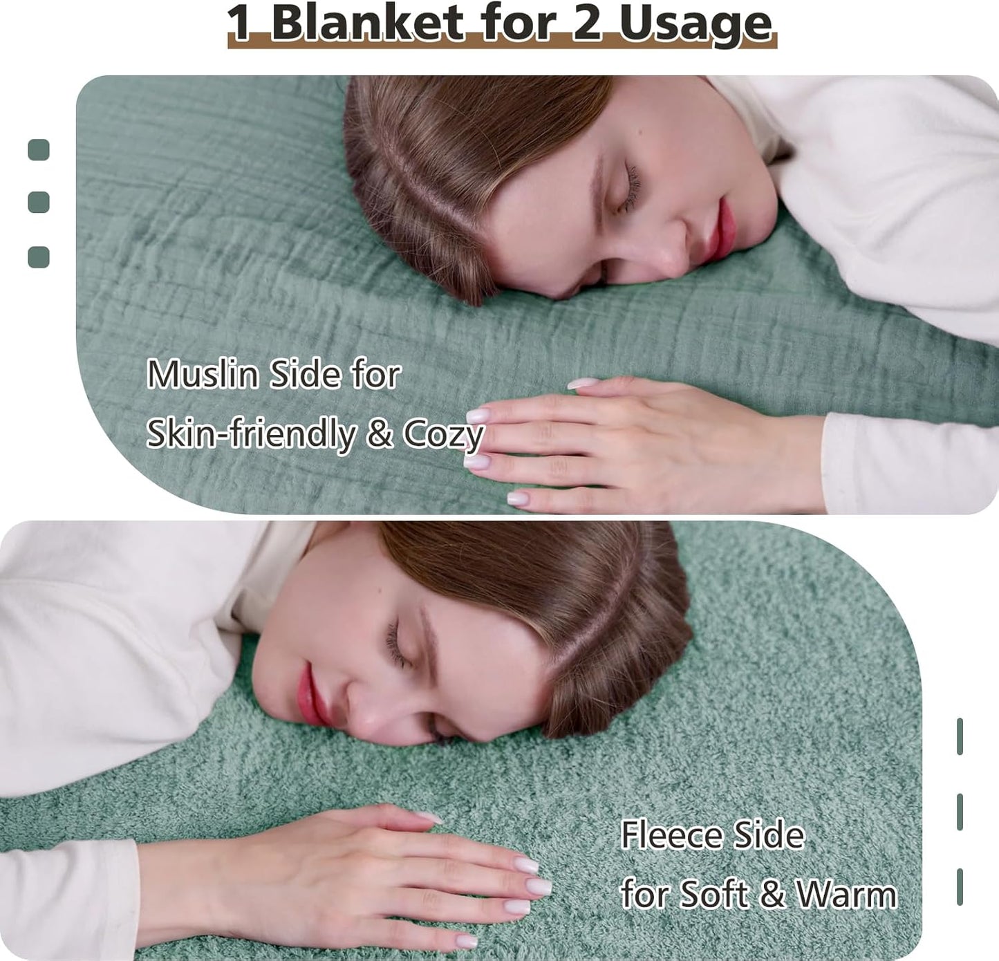 EMME Muslin and Fleece Twin Blanket Reversible - 60"*80" Teal Soft Warm Throw Blankets for Couch Bed Picnic Travel Bed