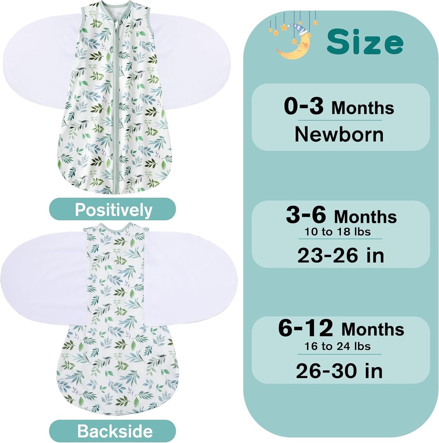 Newborn Sleep Sack Baby Swaddle,3-6 Months,3-Way Adjustable Wearable Blanket,100% Rayon Cotton Swaddling Sleeping Bag，TOG 0.5（Banana&Leaf）