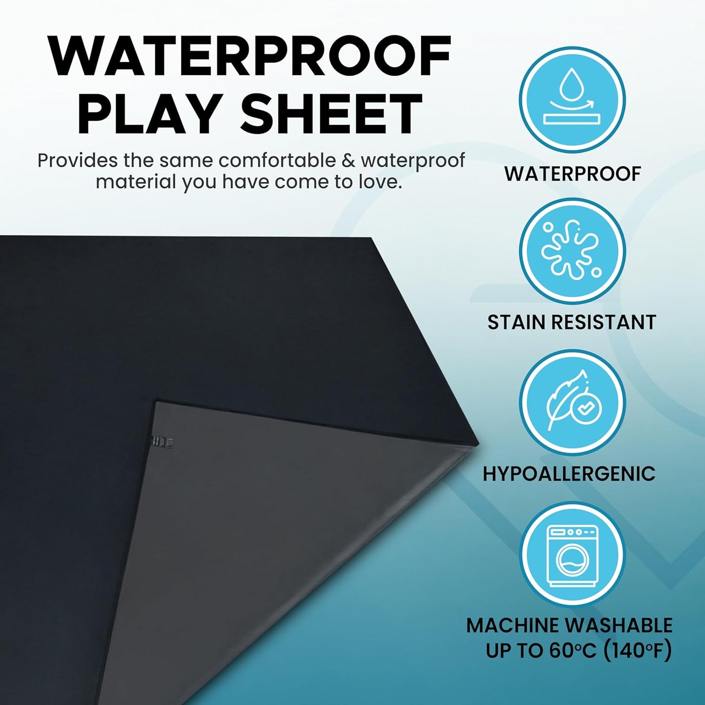 Black Waterproof Flat Play Sheet (79”x79”), Mattress Topper, Protector Cover, Safe with Oil, Water-Based, & Silicone-Based Massage Products, Hypoallergenic, Noiseless, Machine Washable