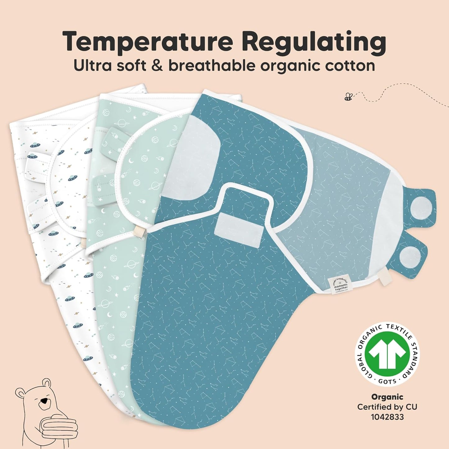 3-Pack Organic Baby Swaddle Sleep Sacks - Swaddles for Newborns, Infant 0-3 Months, Baby Girls, Boys, Soft & Snug Newborn Sleep Sack, Nursery Swaddling Blankets (Galaxy)