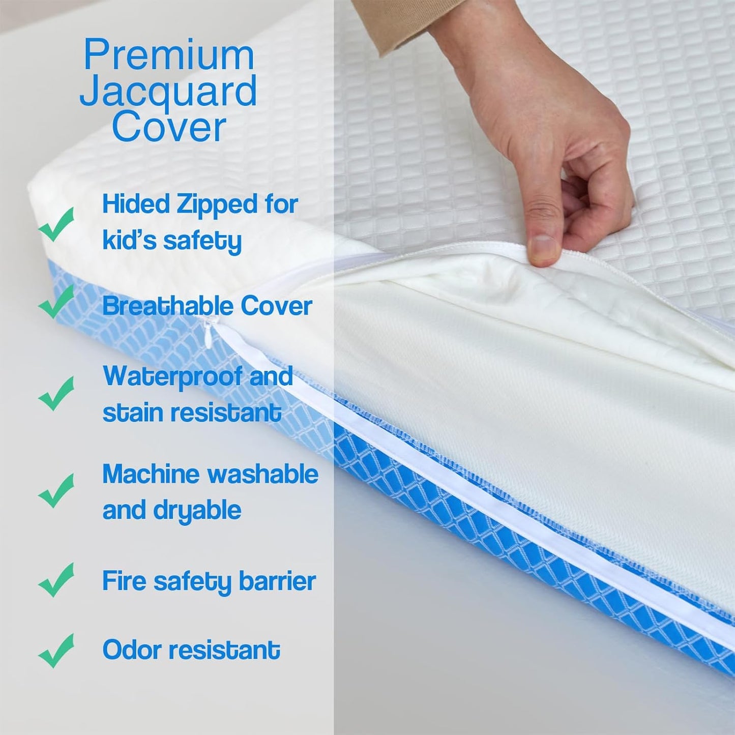 Dual Sided Comfort Gel Memory Foam,Breathable Baby Bed Mattress for Crib,Memory Foam Crib Mattress,Premium for Infant and Toddler w/Removable Outer Cover - White&Blue,Standard Size