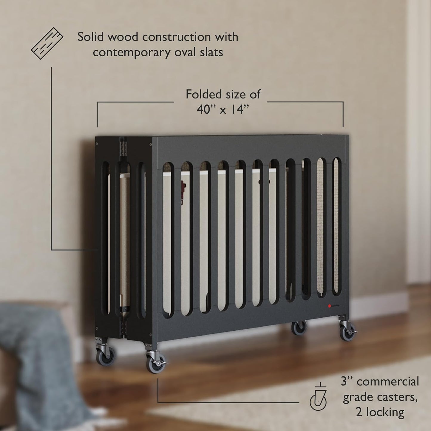 Foundations Boutique Folding Mini Baby Crib - Compact, Portable, Wooden Hotel Crib, Foldable Compact Cribs for Baby & Toddlers - Includes 3" Foam Mattress - Ebony