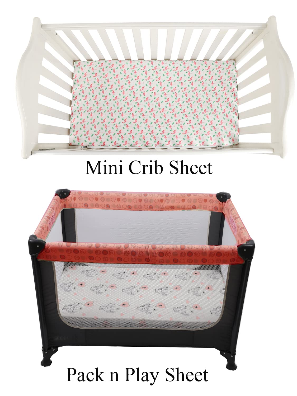 Pack n Play Sheet Stretchy Fitted Portable Mini Crib Sheets Set 3 Pack,Playard Sheets Convertible Playard Mattress Cover,Ultra Soft Jersey Material,Flamingo Elephant & Lion