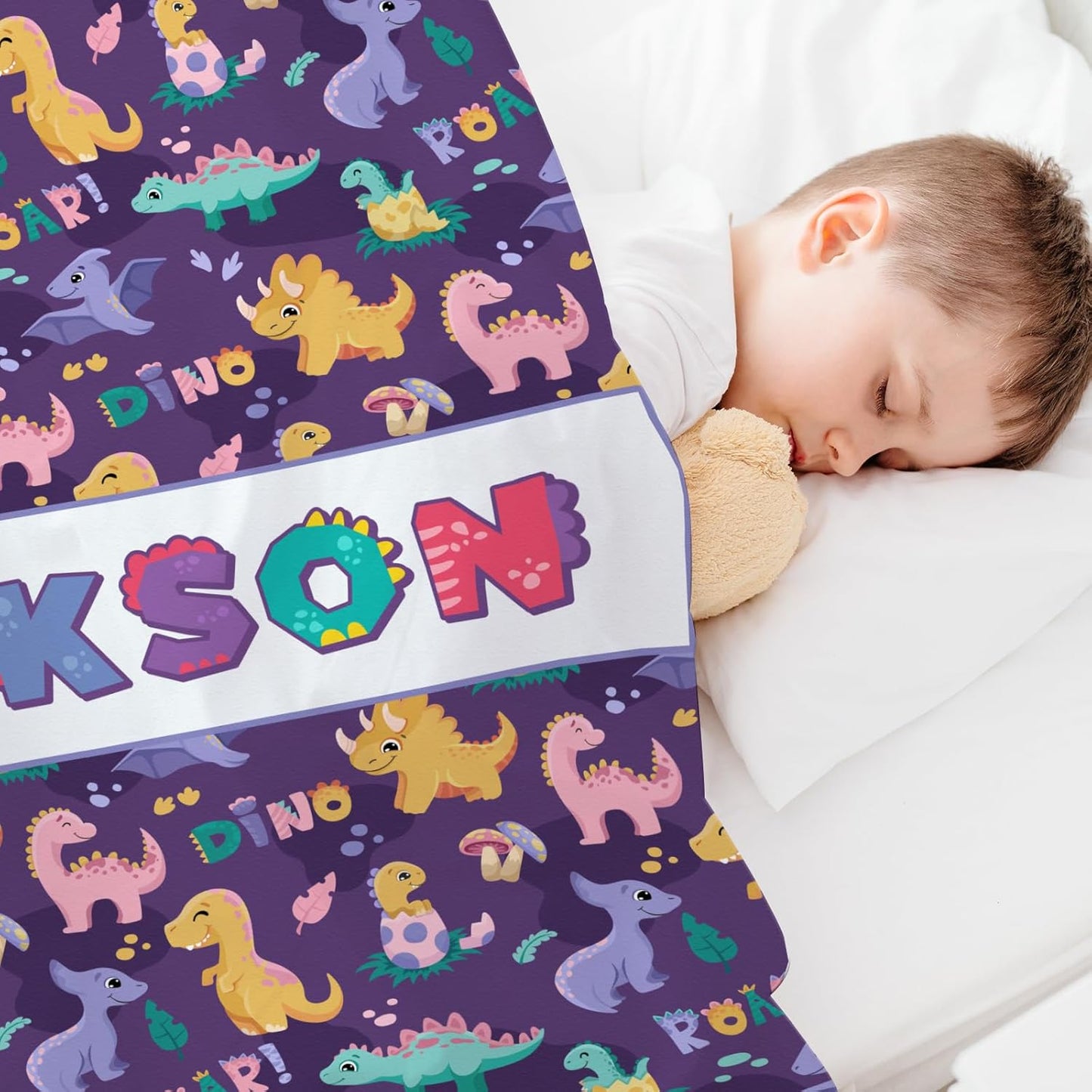 Personalized Dinasour Name Baby Blanket, Custom Cute Alphabet Name Blanket Toddler Boy Soft Flannne Swaddling Blankets Customized Monogram Memorial Gift from Nana for Infant Newborn Shower
