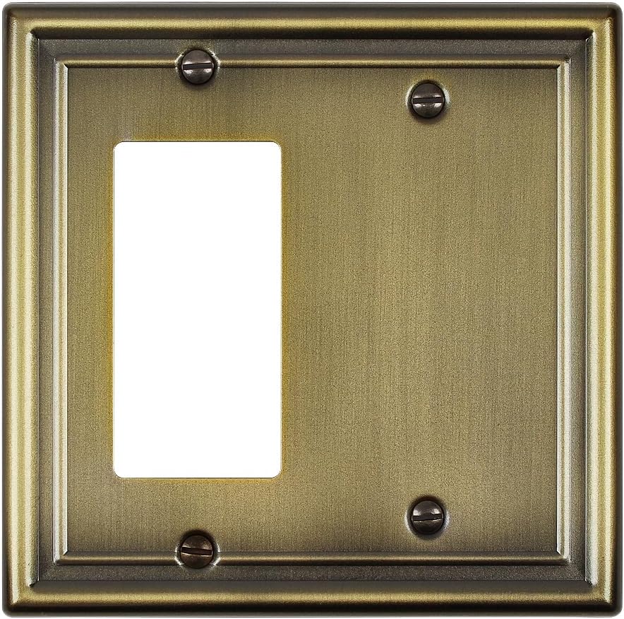 1-Pack Antique Brass Combination Decorator Rocker/Blank Wall Plates, Metal Switch Plates Outlet Covers, 2-Gang, 4.96''*4.88'', Midsize