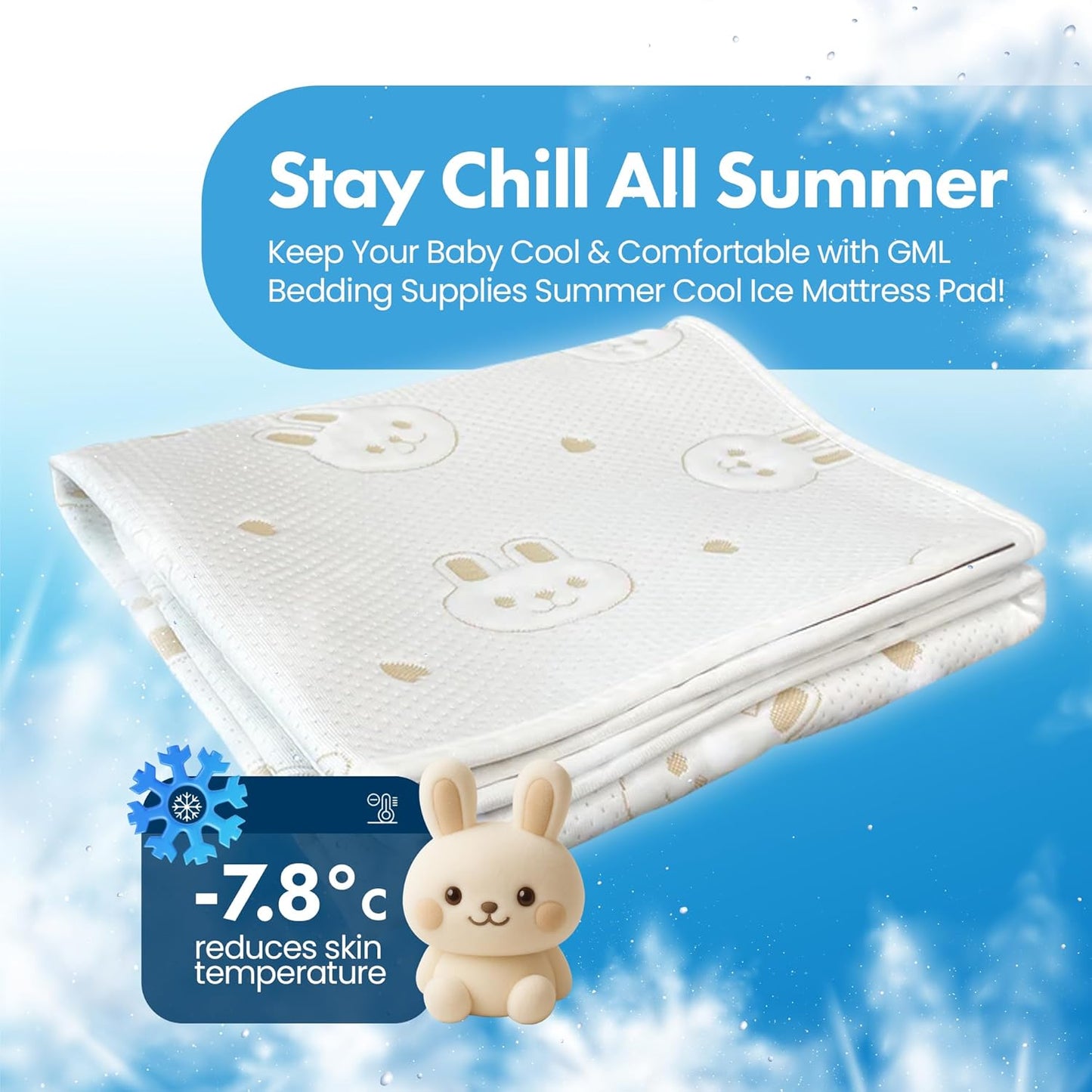 GML Bunny Cooling Crib Mattress Pad – Waterproof, Breathable Baby Mattress Protector for Toddler Bed – Hypoallergenic, Soft & Durable for Sensitive Skin – Made in Korea, Q-Max 0.4 Small Size, 27.5x47
