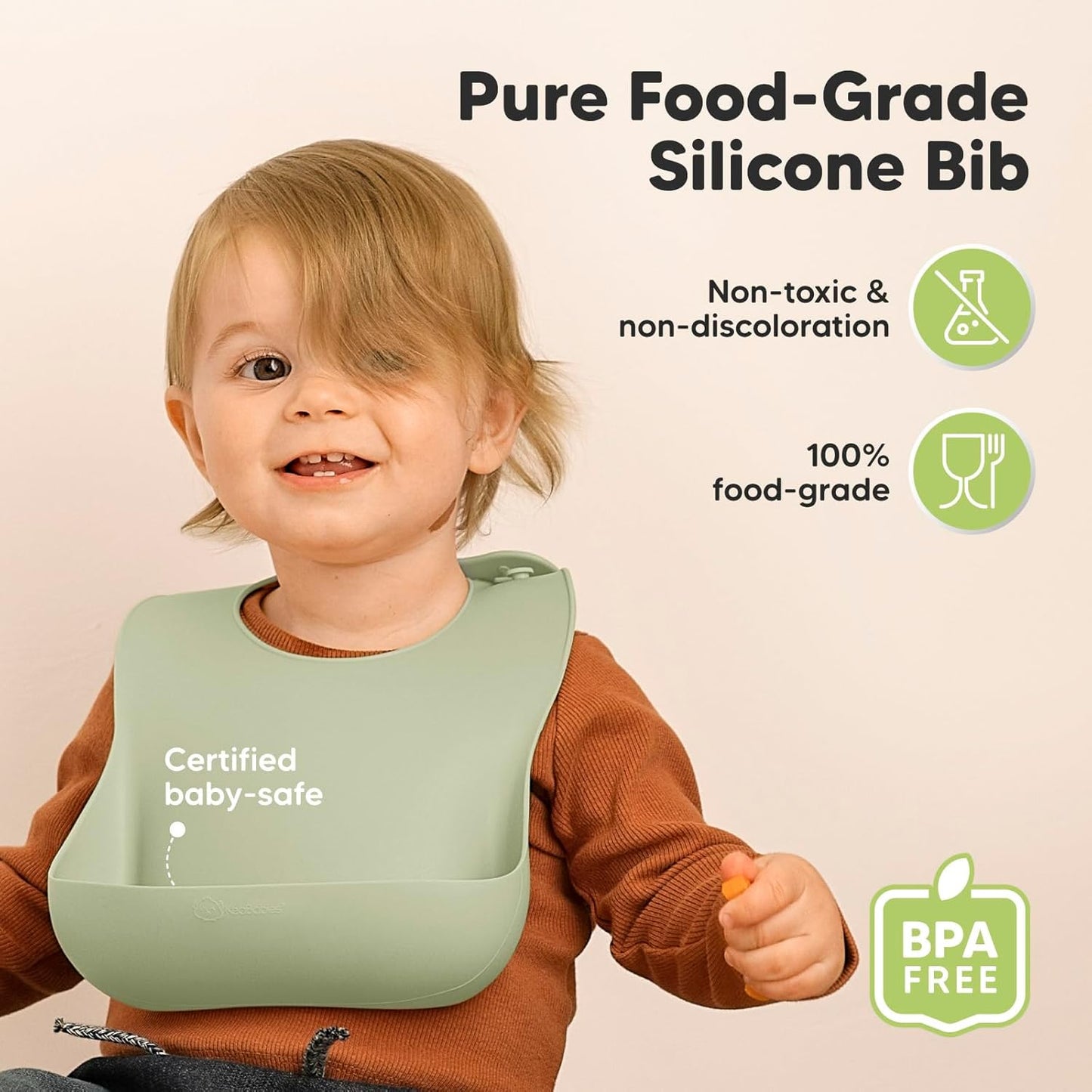 KeaBabies 2-Pack Silicone Baby Bibs for Eating - Sturdy Food-Grade Silicone Bibs for Babies Girl, Boy, Large Food Catcher, Clean & Put On Easily, Waterproof Toddler Feeding Essentials (Sage)