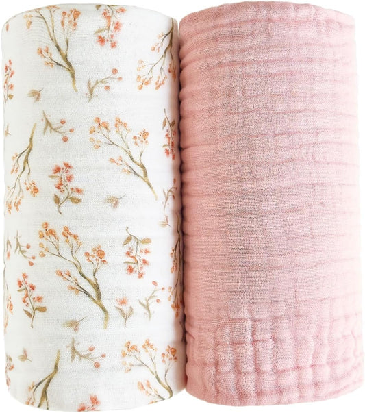 Pack of 2 Ultra Soft Muslin Baby Blankets for Girls Boys Breathable Lightwight Cotton Muslin Swaddle Blankets for Infant Toddler Newborn Nursery Swaddling Wrap 43"X43" (Floral and Pink)