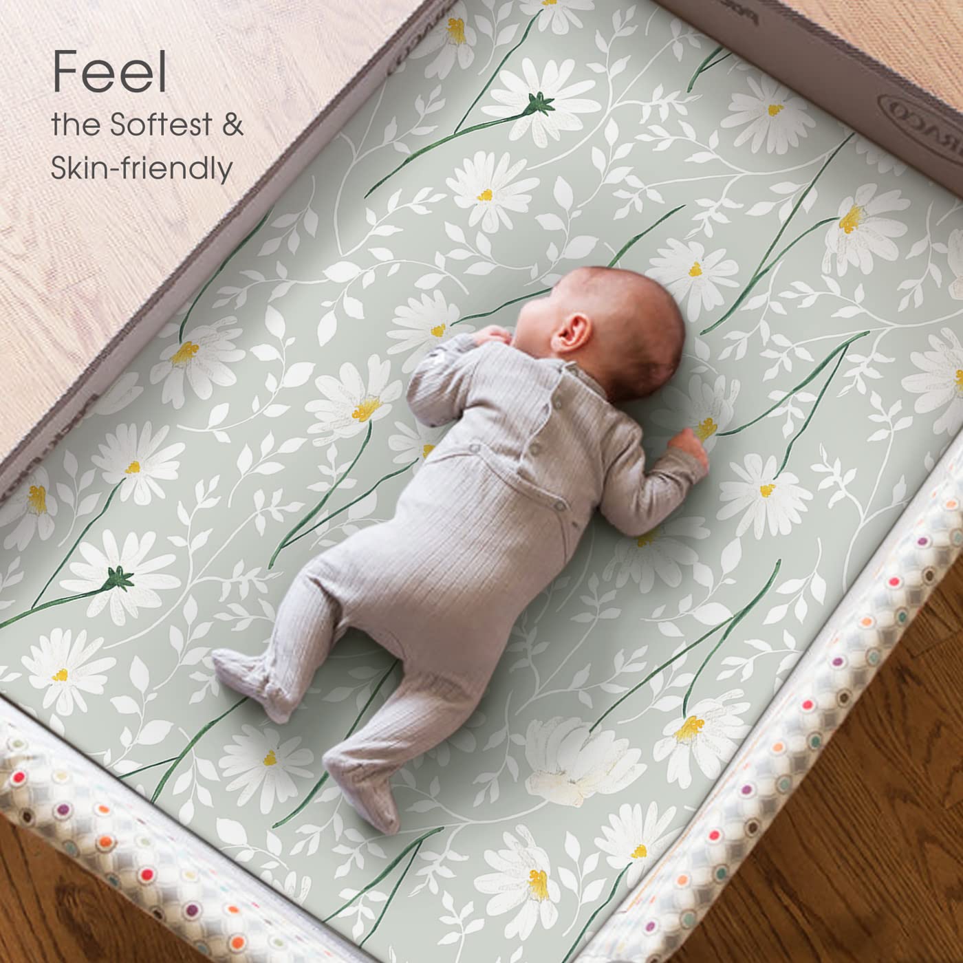 GRSSDER Stretchy Ultra Soft Jersey Knit Fitted Pack n Play Sheets Set 2 Pack, Universal Fitted Portable Pack and Play/Mini Cribs Sheets for Girls, Stylish Watercolor Daisy Flower