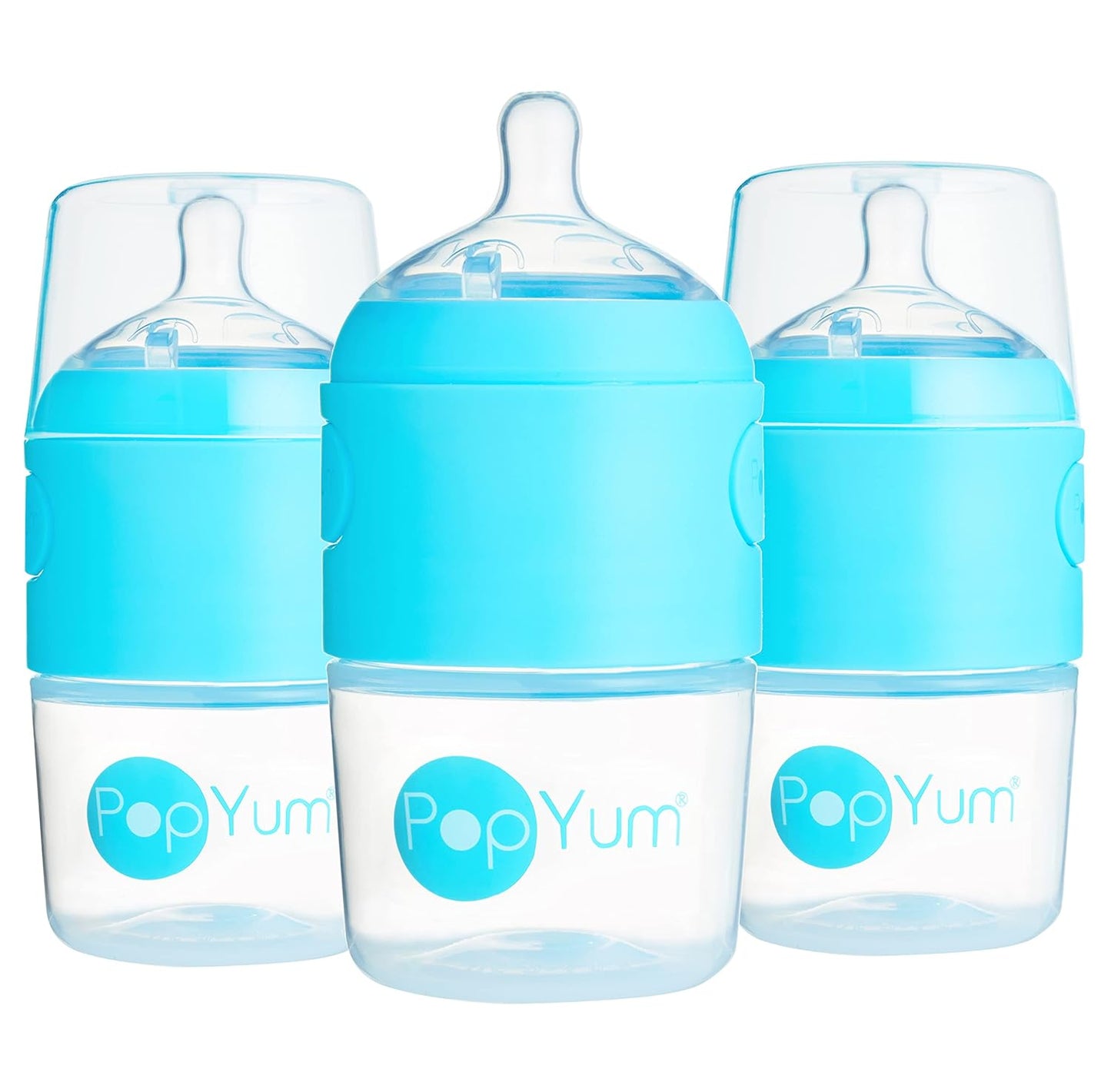 PopYum 5 oz Blue Anti-Colic Formula Making/Mixing/Dispenser Baby Bottles, 3-Pack with #1 Slow Flow Nipples, 150 ml, BPA-Free, Natural Latch